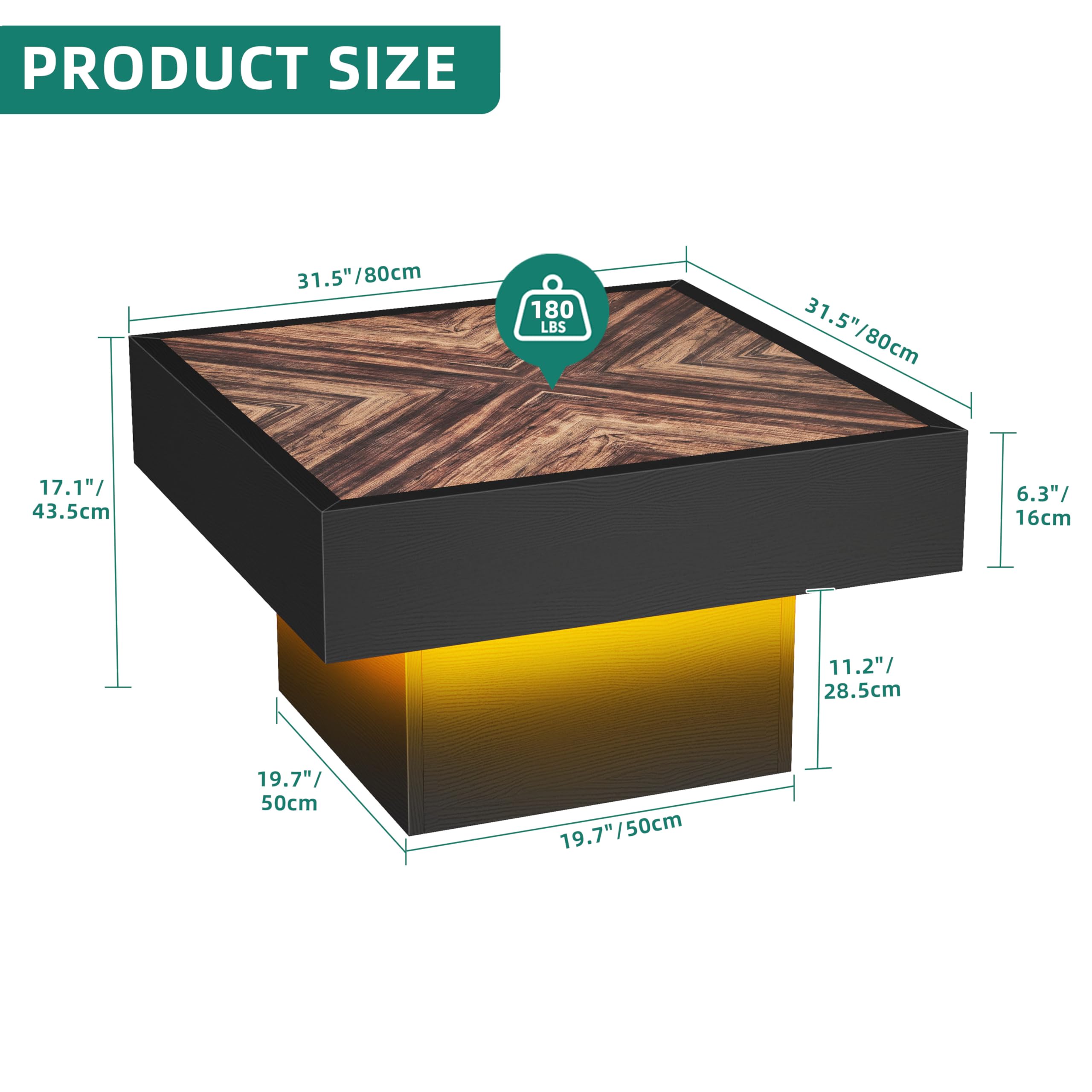 YITAHOME Farmhouse Square Coffee Table with LED and Storage - Modern Wood Living Room Table with 2 Drawers in Black & Brown - Perfect for Small Spaces, Apartments, and Cozy Home Decor