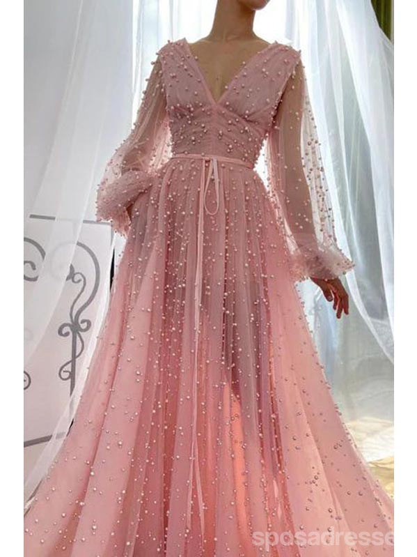 Elegant Pink A-Line V-Neck Long Sleeve Maxi Party Prom Dress for Women - Formal Evening Gown for Homecoming, Wedding Guest, and Special Occasions