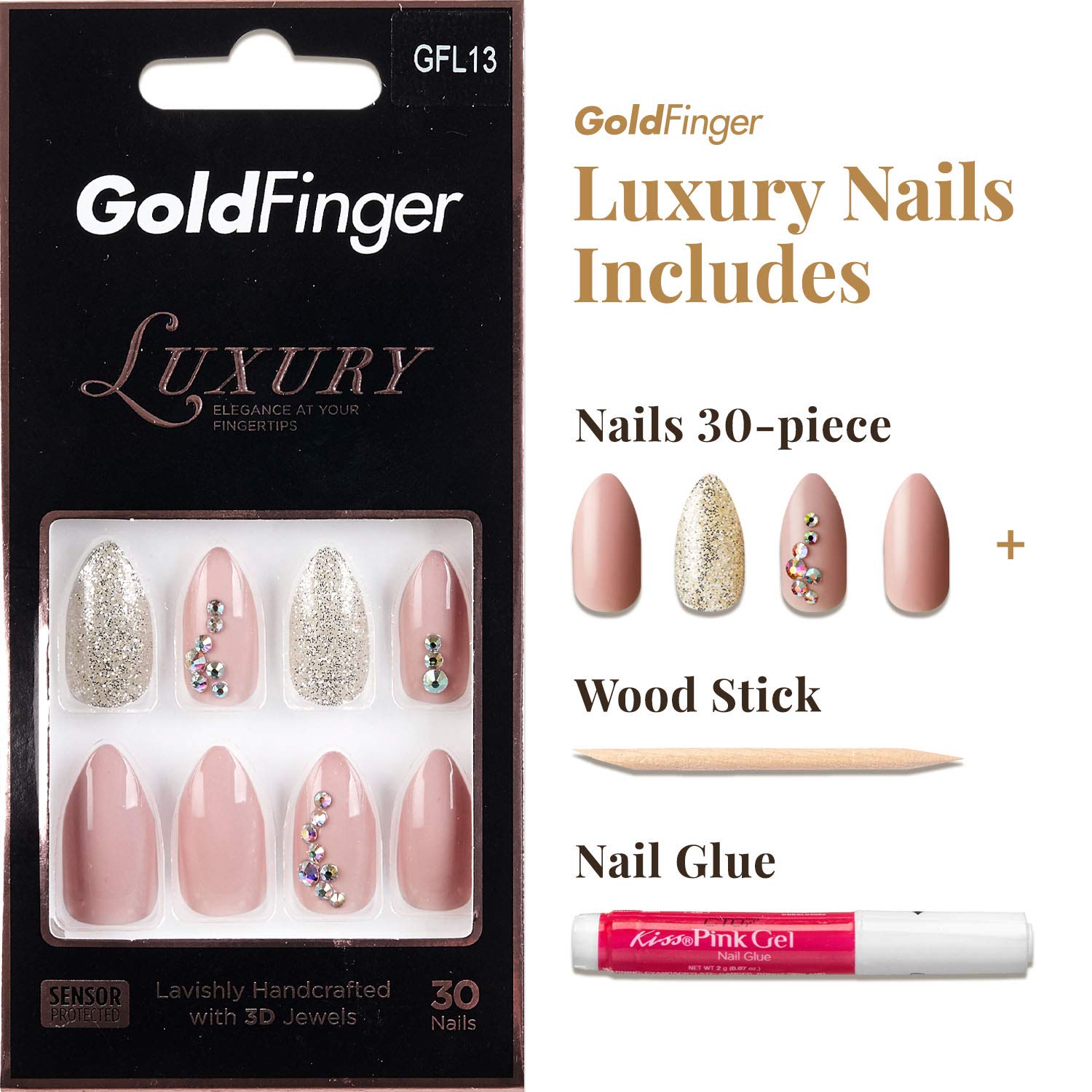 Halloween Nails Kiss Gold Luxury Press-On Nails with 3D Jewels - 30 Long Fake Nails Set Includes Pink Gel Glue & Manicure Stick (GFL13) | Perfect for Halloween Parties, Costume Events & Glamorous Nail Art
