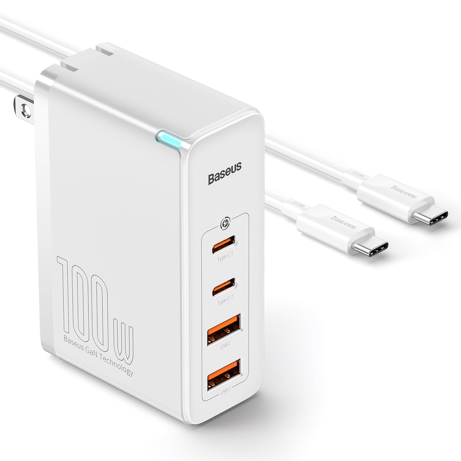 Baseus 100W 4-Port GaN II Fast Charger - USB C Wall Charger for iPhone 15/14/13/12/11, Galaxy, MacBook Pro/Air, iPad, Laptops - Compact & Powerful Charging Block for Home, Office & Travel (White)