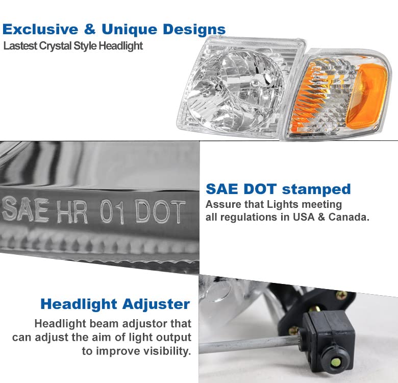 Replacement Headlights for 2001-2003 Ford Explorer Sport & 2001-2005 Sport Trac - Chrome Housing LED Headlamps - Durable & Bright Lighting Upgrade for Night Driving & Off-Road Adventures