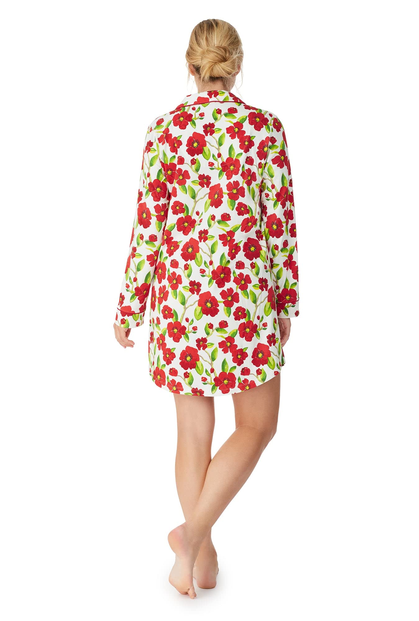 BedHead Pajamas Women's Long Sleeve Sleepshirt - Red Camellia Floral Print, Size Small | Soft Cotton Nightshirt for Cozy Sleep & Lounge Wear
