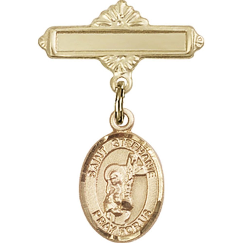 Gold Filled Baby Badge with St. Stephanie Charm & Polished Pin - 1 X 5/8 Inch - Perfect for Christening Gifts, Baby Showers & Keepsake Jewelry