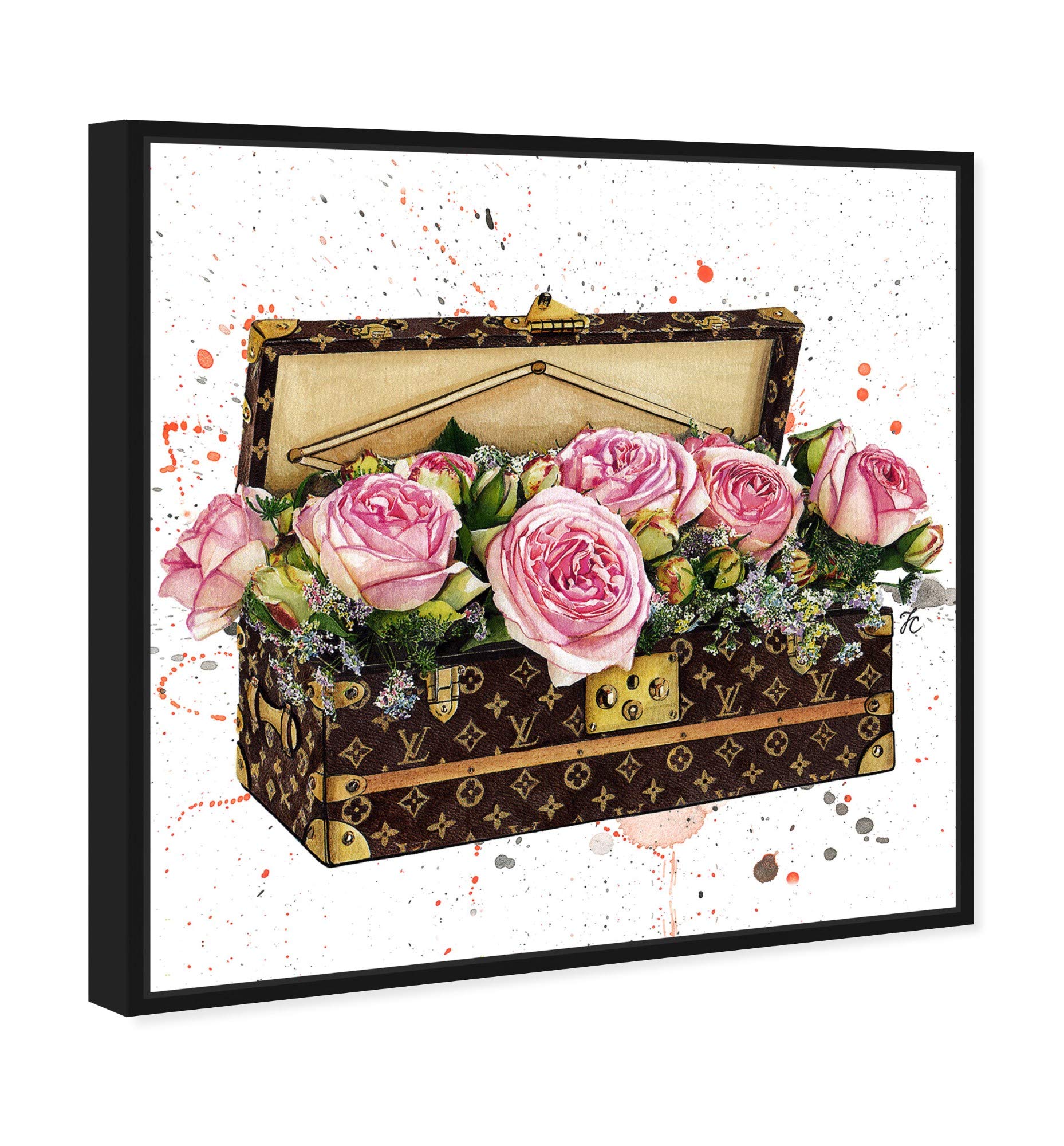 Oliver Gal Artist Co. 'Doll Memories - Trunk Full of Flowers' Fashion Glam Wall Art Canvas Print - 30x30 Inch Pink & Brown Home Decor for Living Room, Bedroom, or Office
