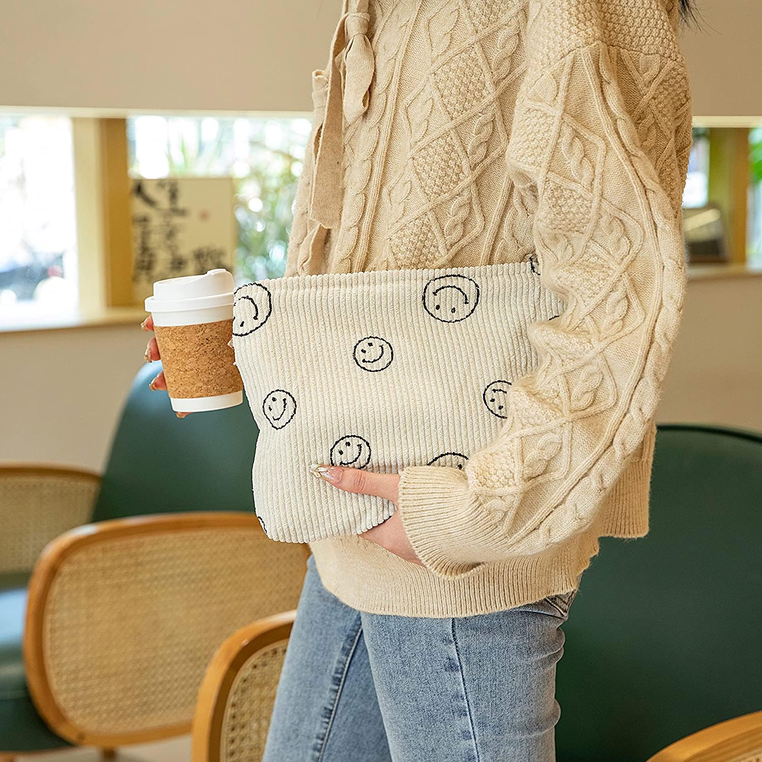 Corduroy Makeup Bag for Women - Small Aesthetic Cosmetic Organizer with Smile Dots Design, Travel Toiletry Pouch (Beige, 25x5x18cm) | Perfect for Daily Makeup Storage, Travel Essentials & Gift for Girls