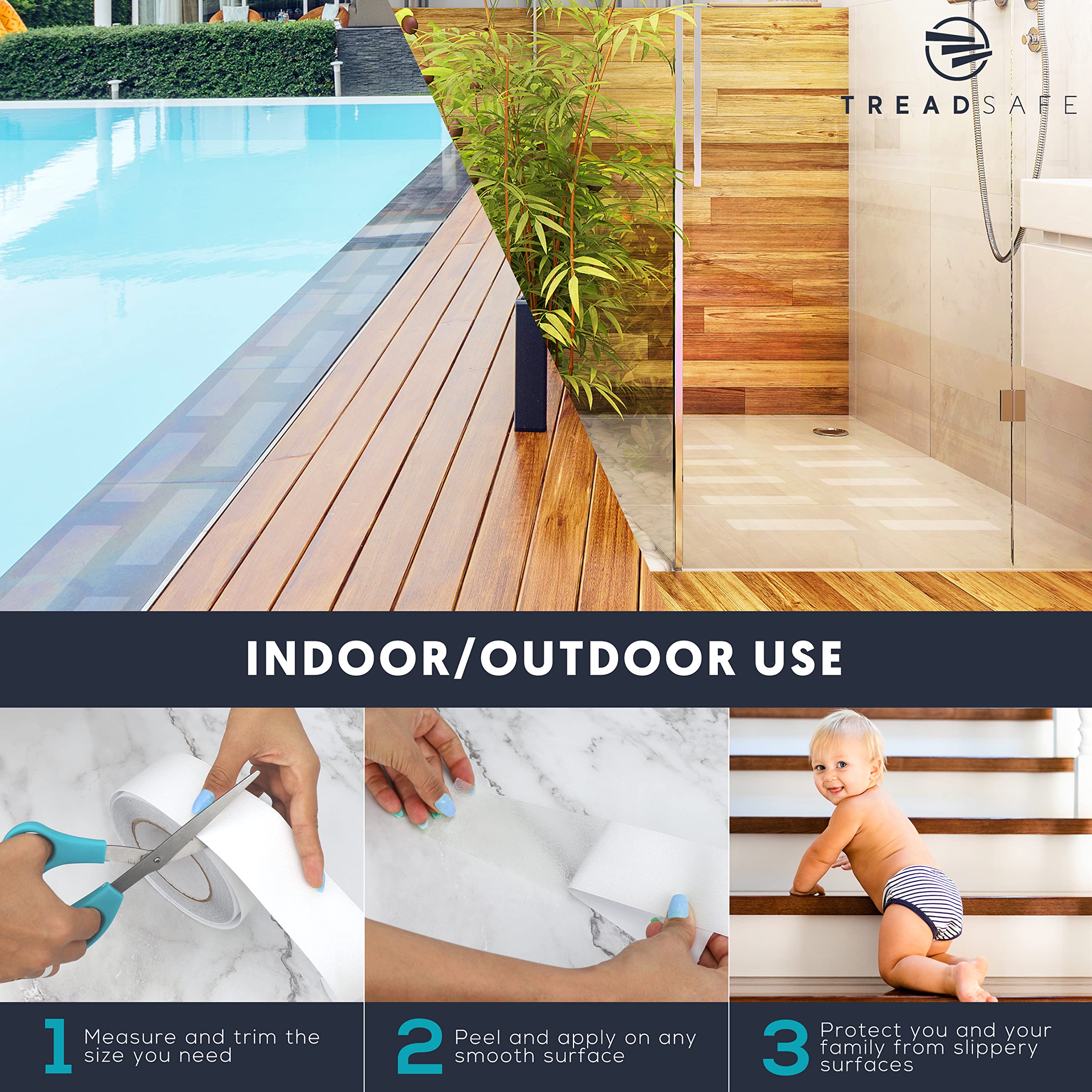 TREADSAFE Clear Non-Slip Stair Grip Tape - Indoor/Outdoor Anti-Slip Safety Strips for Wooden Steps | Perfect for Home, Office & Commercial Staircase Safety