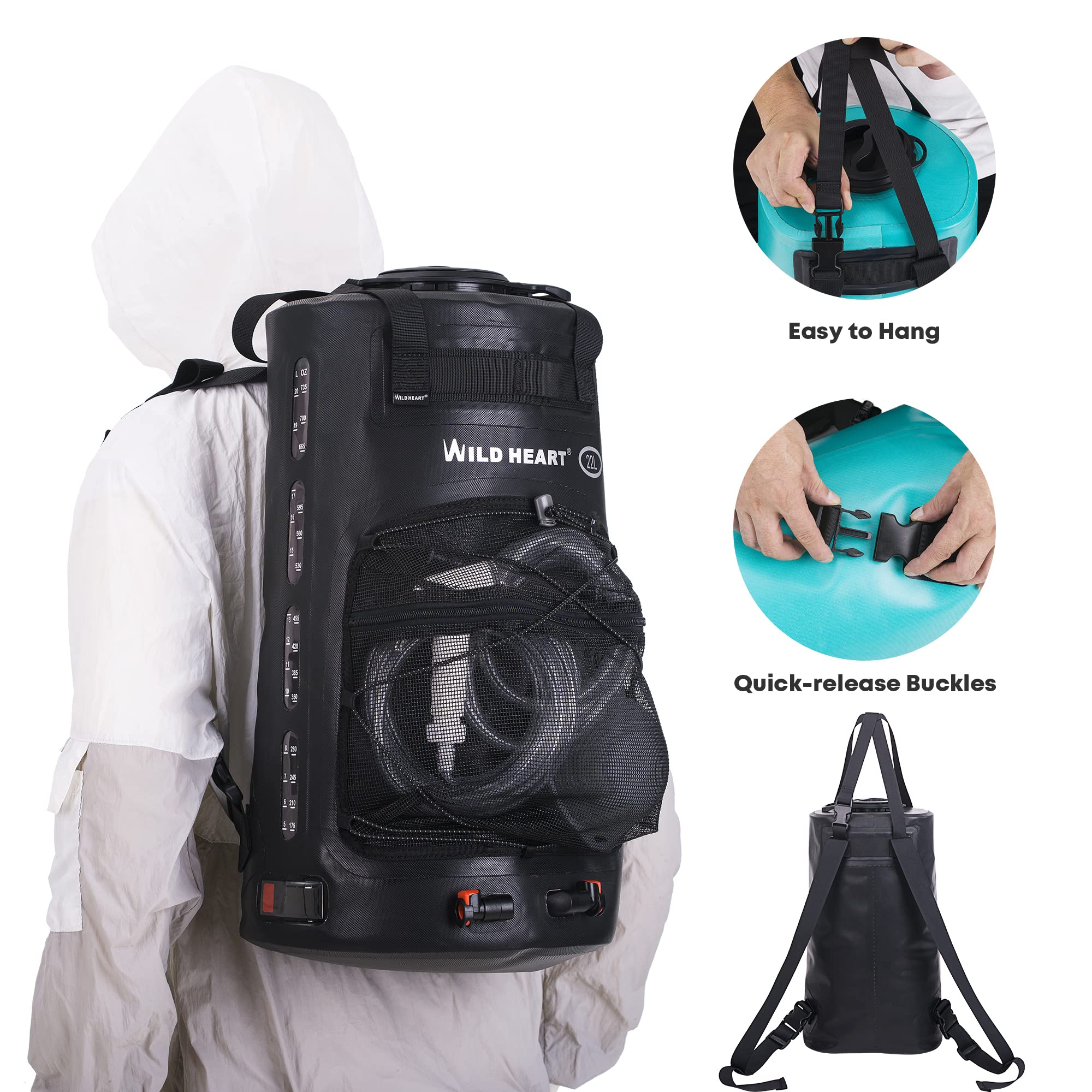 WILD HEART Portable Camping Shower 22L/12L with Pressure Foot Pump & Hose - Solar Shower Bag Backpack for Outdoor Adventures, Hiking, Road Trips & Beach Use