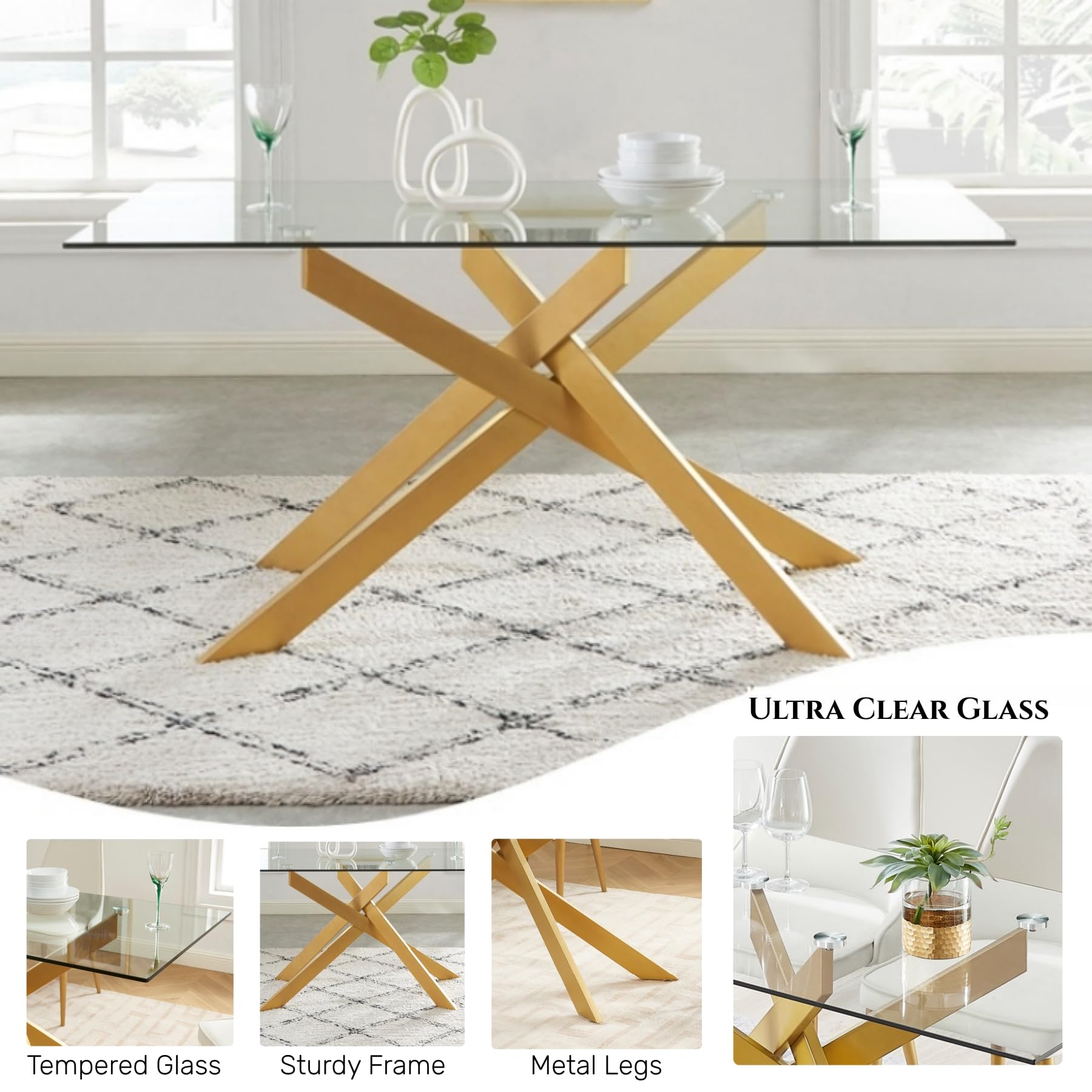 58.5 Inch Modern Rectangular Glass Dining Table - Tempered Glass Top with Gold Metal Tubular Legs - Perfect for Kitchen, Dining Room & Small Spaces (58.5
