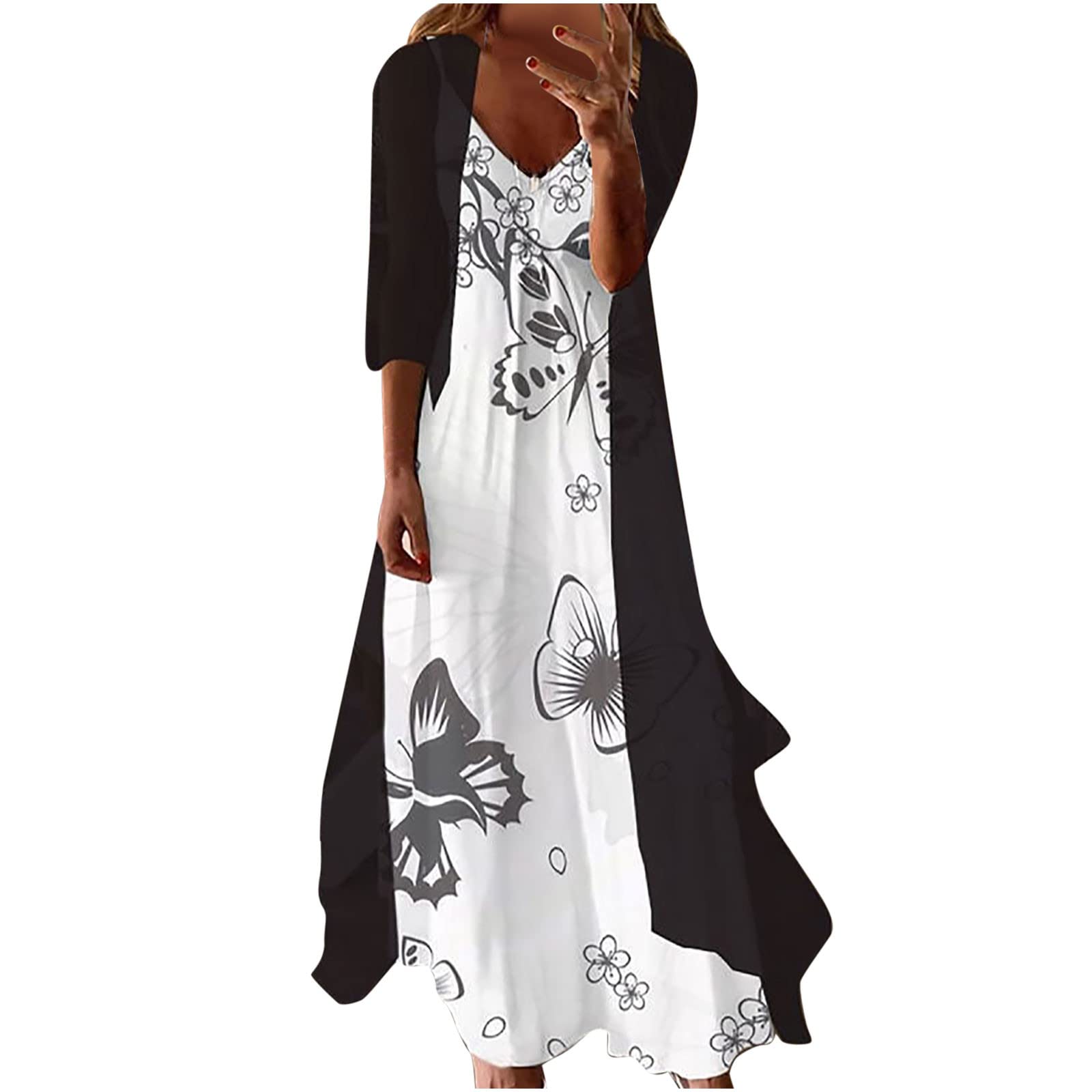 Anjikang Women's Floral Two-Piece Dress Set with Chiffon Long Cardigan - Summer Outfits 2023 for Casual Wear, Beach Vacation & Date Night
