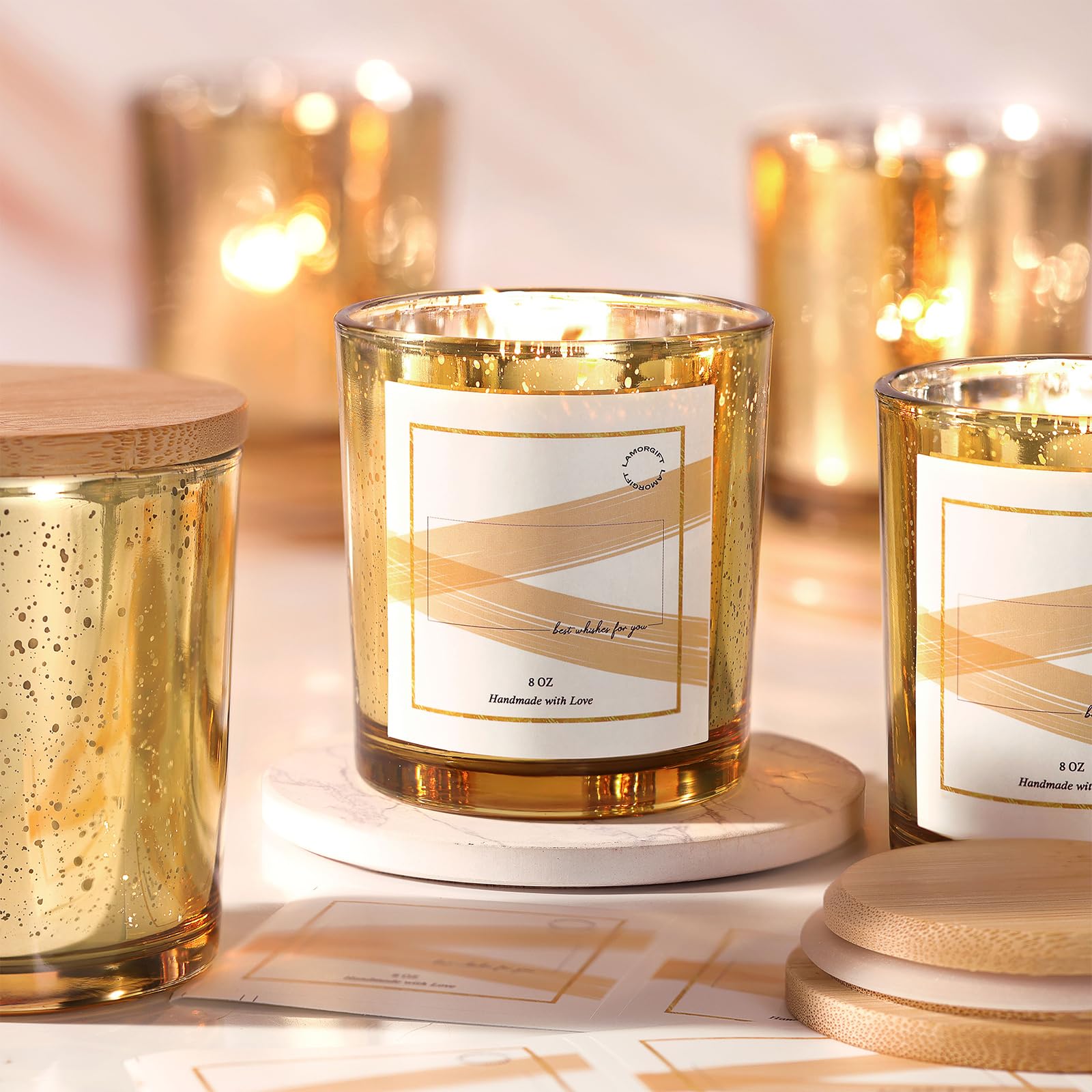LAMORGIFT 15 Pack 8oz Gold Glass Candle Jars with Lids - Empty Mercury Glass Containers for DIY Candle Making - Includes 20 Candle Labels - Perfect for Home Decor, Wedding Favors & Gift Packaging