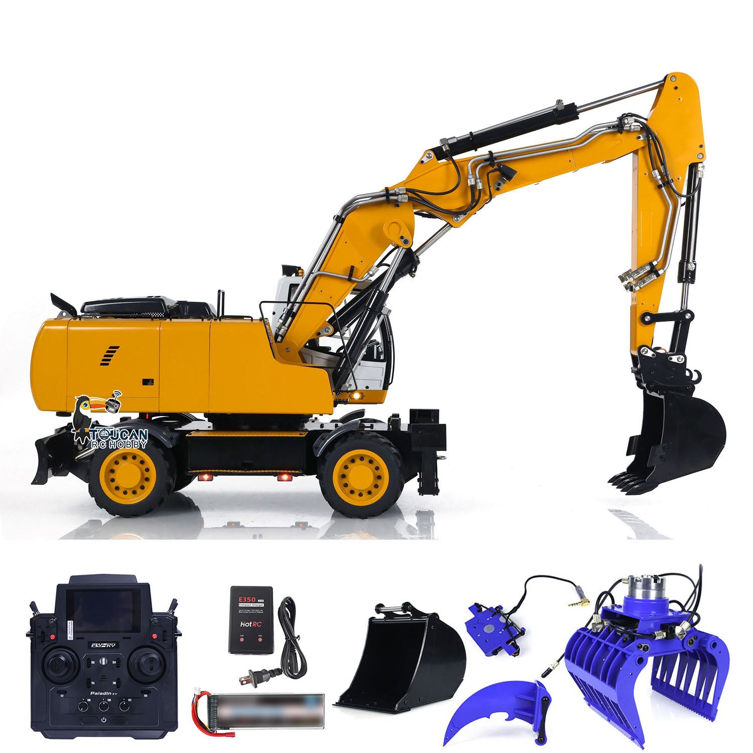 1/14 Scale Wheeled RC Hydraulic Excavator - R946 PL18EV Remote Control Construction Toy with Tiltable Clamshell Bucket & Grabber | Realistic Simulation for Kids & Adults | Perfect for Construction Play, Sandbox Digging & Backyard Excavation Fun