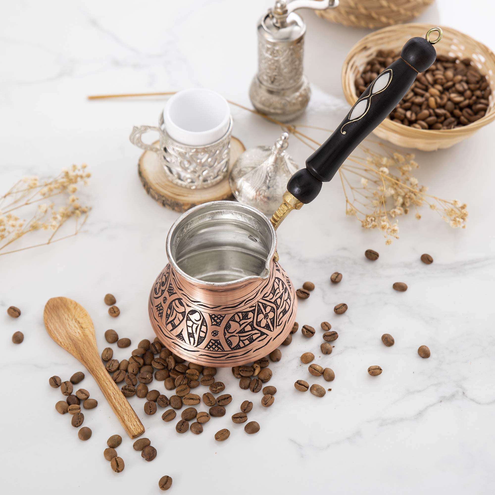 Premium Turkish Coffee Pot - Authentic Briki Greek & Arabic Copper Coffee Maker with Wooden Handle (18 oz) - Perfect for Home Brewing, Traditional Coffee Ceremonies & Gift Giving