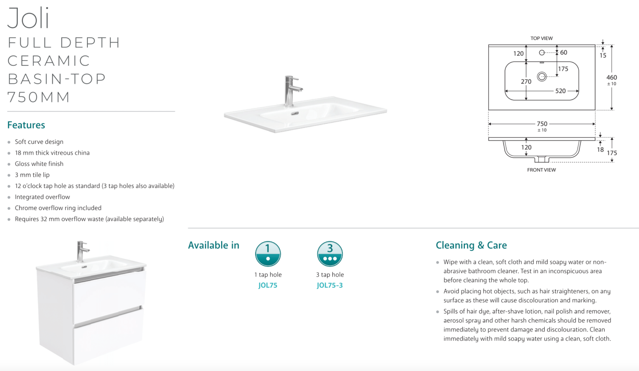 Fienza JOL75MR Joli Mila 750mm White Wall Mounted Bathroom Vanity with Right Drawers - Modern Space Saving Solution for Small Bathrooms & Powder Rooms