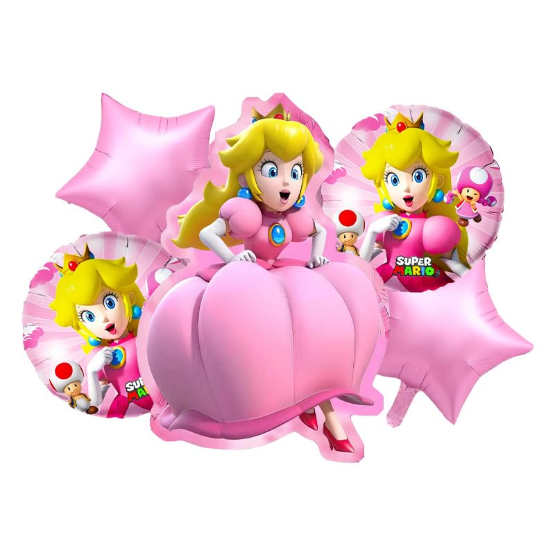 5Pcs Princess Peach Foil Balloons - Super Mario Birthday Party Decorations for Girls, Kids Room Decor, Baby Shower & Themed Party Supplies (Pink, Gold) - Perfect for Birthday Parties, Baby Showers, Gender Reveals & Mario-Themed Events