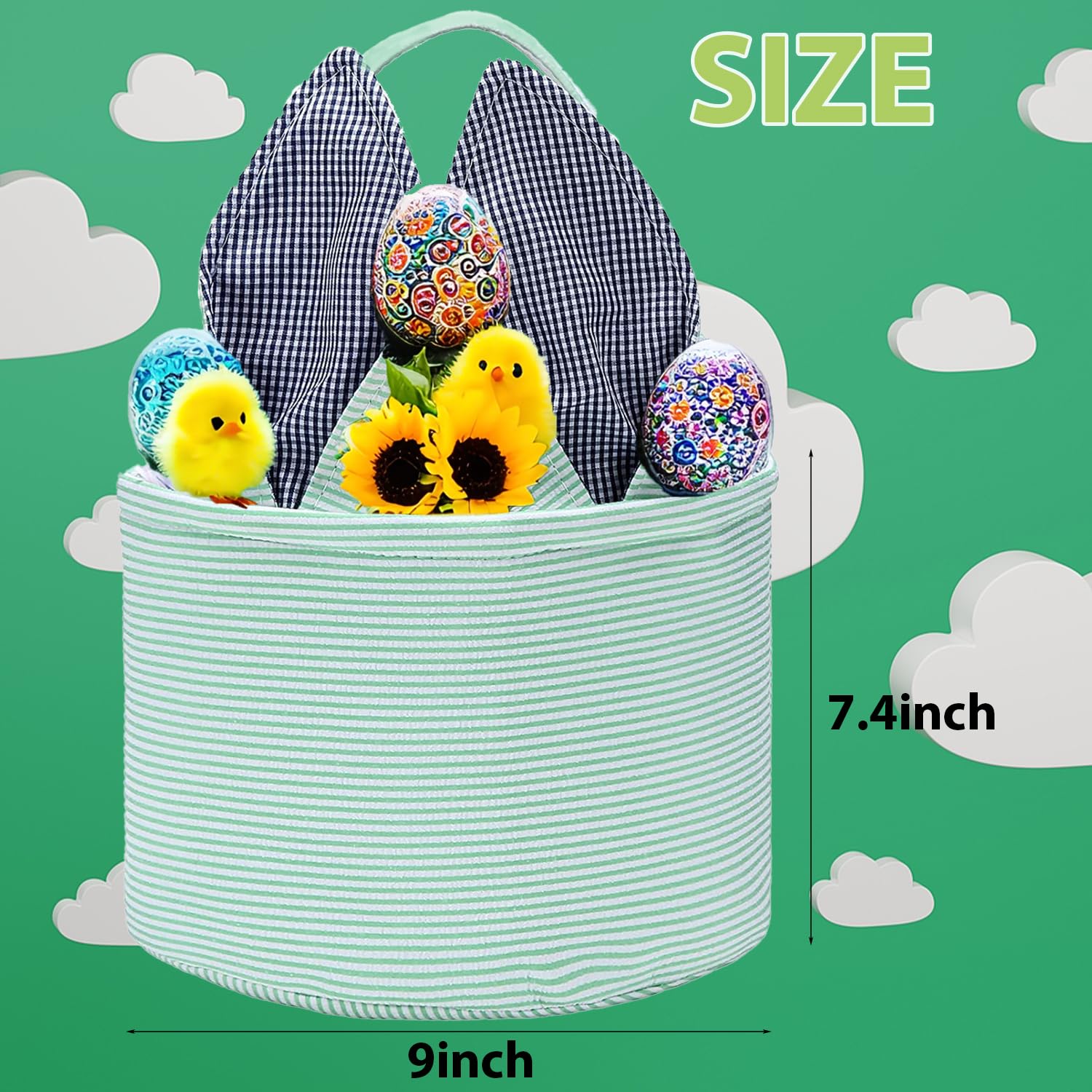 Easter Basket for Kids - Seersucker Egg Hunt Bunny Basket with Cute Rabbit Ears & Striped Design - Perfect for Easter Party Favors, Candy Storage & Personalized Gifts - Great for Easter Egg Hunts, Spring Celebrations & Holiday Decorations
