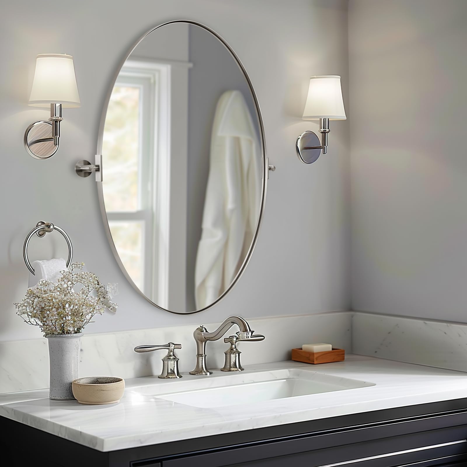 ANDY STAR Brushed Nickel Oval Pivot Bathroom Mirror - Stainless Steel Metal Frame Tilting Vanity Wall Mirror for Vertical or Horizontal Hanging - Perfect for Bathrooms, Bedrooms, and Dressing Areas