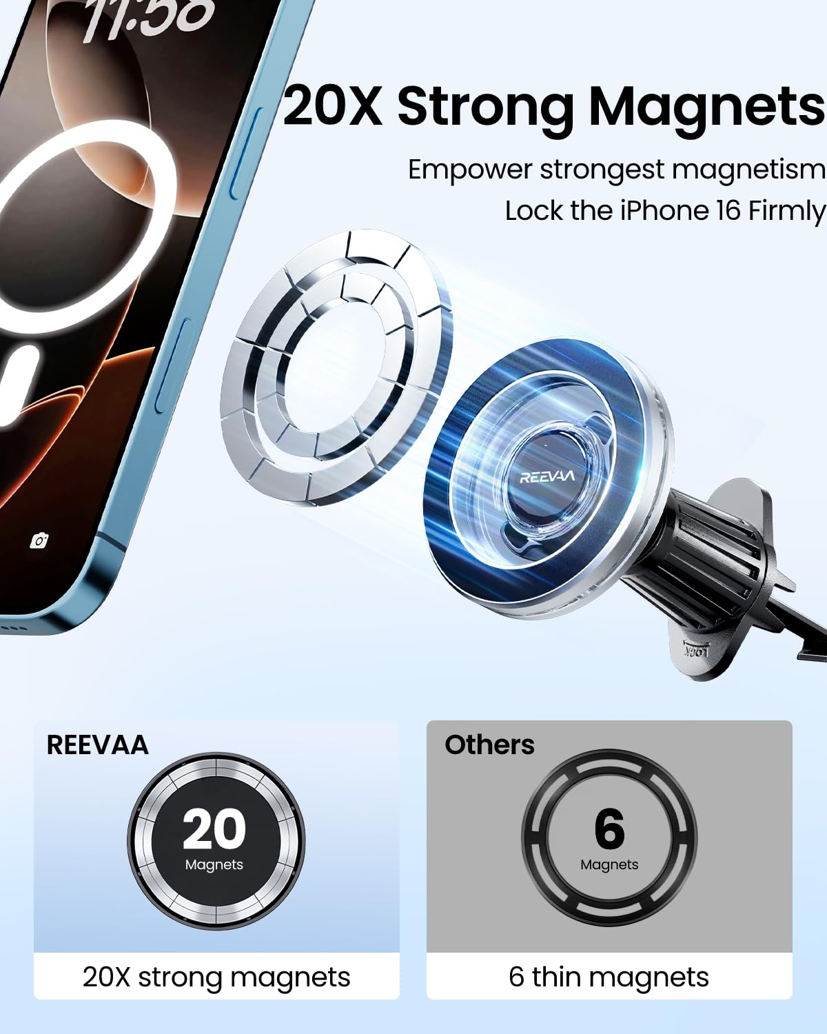 REEVAA Magnetic Car Mount Holder for iPhone 16 Pro Max/15/14/13/12/Plus/Mini - 360° Adjustable Strongest Magnet Power Magsafe Phone Mount for Car Vent & Dashboard - Perfect for Hands-Free Driving & GPS Navigation
