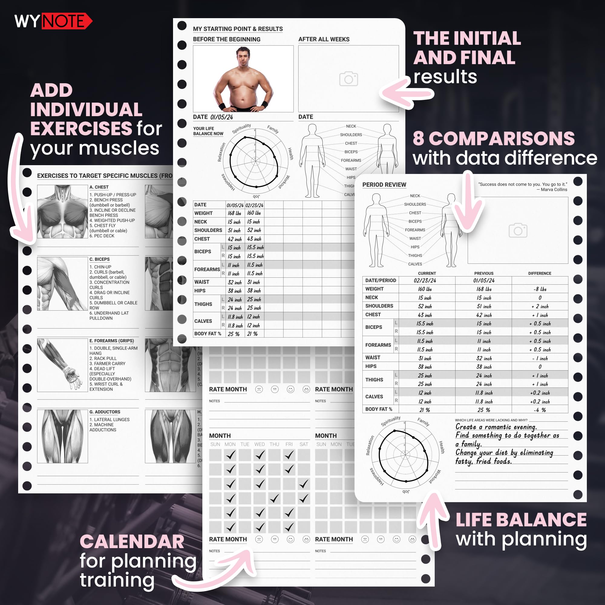 Pink Fitness Journal for Women - 150+ Workout Templates, Yearly Calendar & 55 Tracking Metrics | A5 Workout Planner with Body Fat Tracker, 12 Trackable Items, 7 Comparison Periods & Goal Setting | Perfect for Gym, Home Workouts & Weight Loss Journey