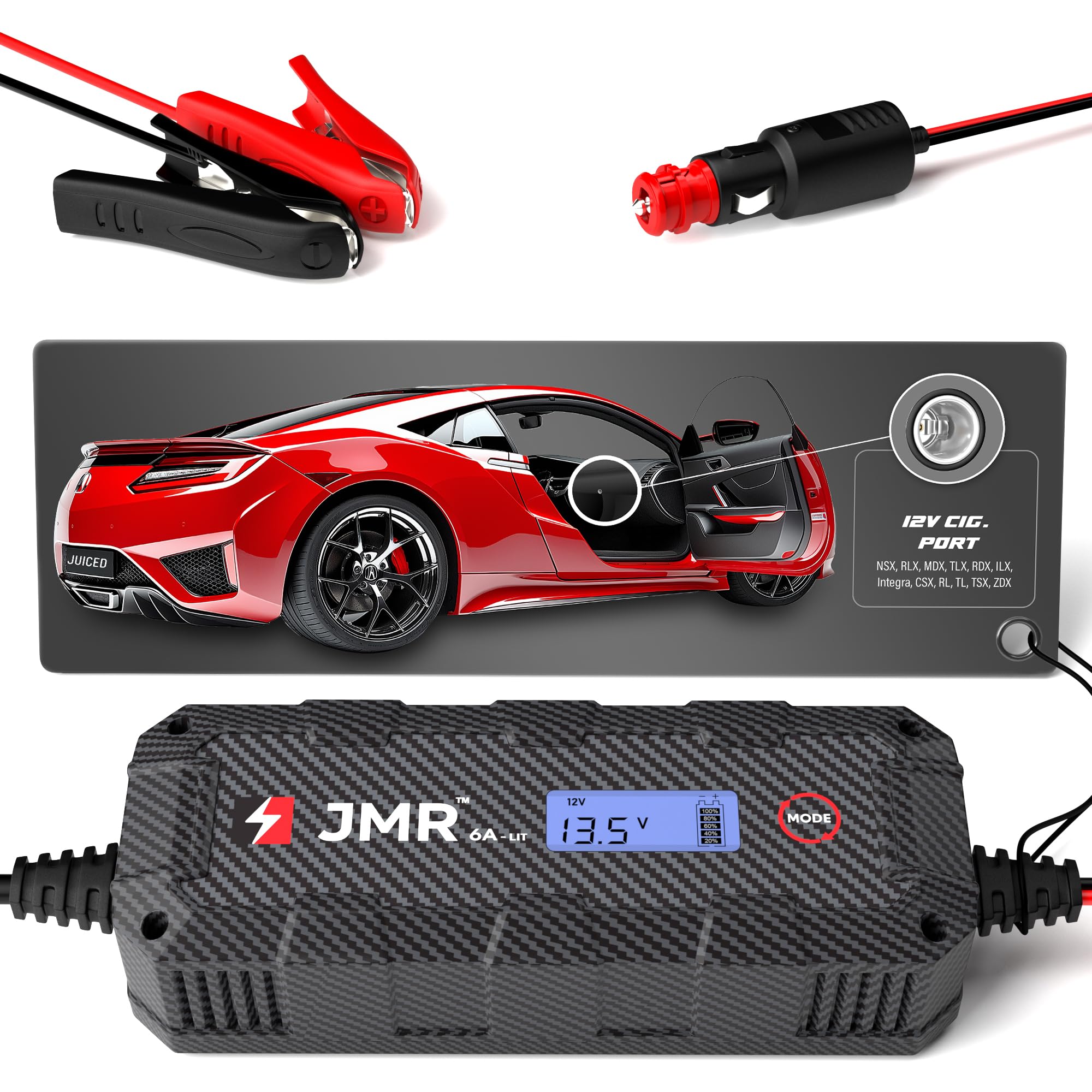 JMR Battery Charger for Acura NSX, RLX, MDX, TLX, RDX, ILX, Integra, CSX, RL, TL, TSX, ZDX - 12V Smart Trickle Charger & Battery Maintainer with Lithium Mode - Perfect for Winter Storage & Long-Term Vehicle Maintenance