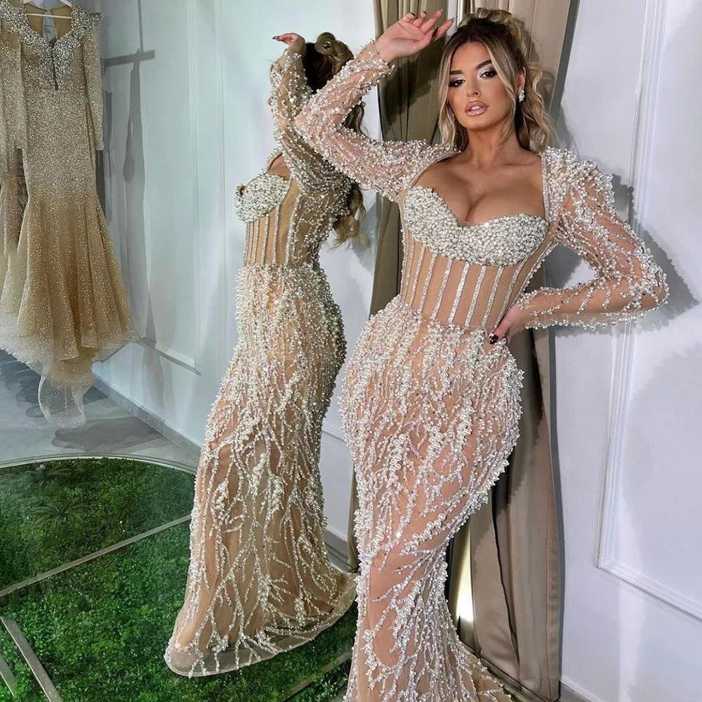 Luxury Dubai Pearls Beaded Elegant Arabic Mermaid Evening Dress for Women - Wedding, Party, Gala & Special Occasions | Serene Hill LA72361