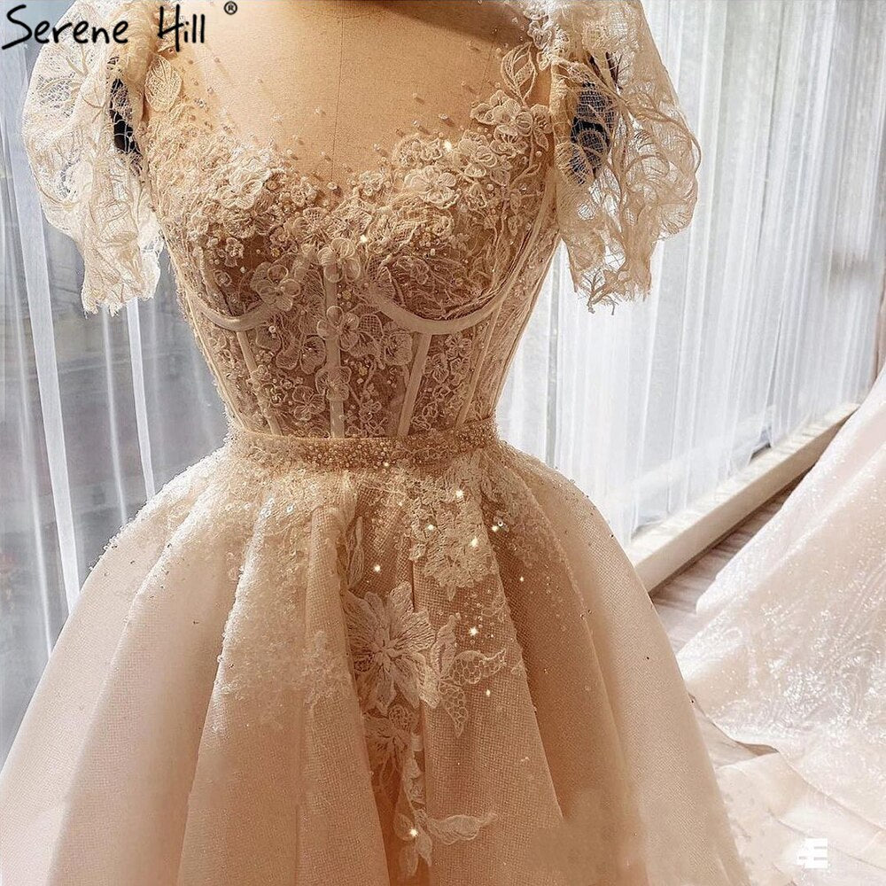 Elegant Ivory Beaded A-Line Evening Gown with Puffy Sleeves - Ankle-Length Party Dress for Women (LA71045) | Perfect for Weddings, Galas & Formal Events