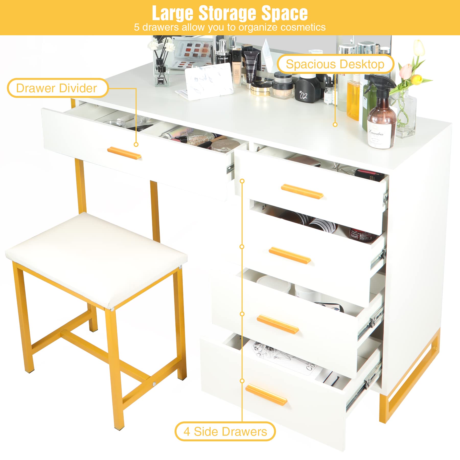 43'' Gold and White Makeup Vanity Table Set with 3 Mirrors & LED Lights, Vanity Desk with Cushioned Stool & 5 Drawers, Storage Shelves for Bedroom - Perfect for Dressing Room, Beauty Salon & Home Decor