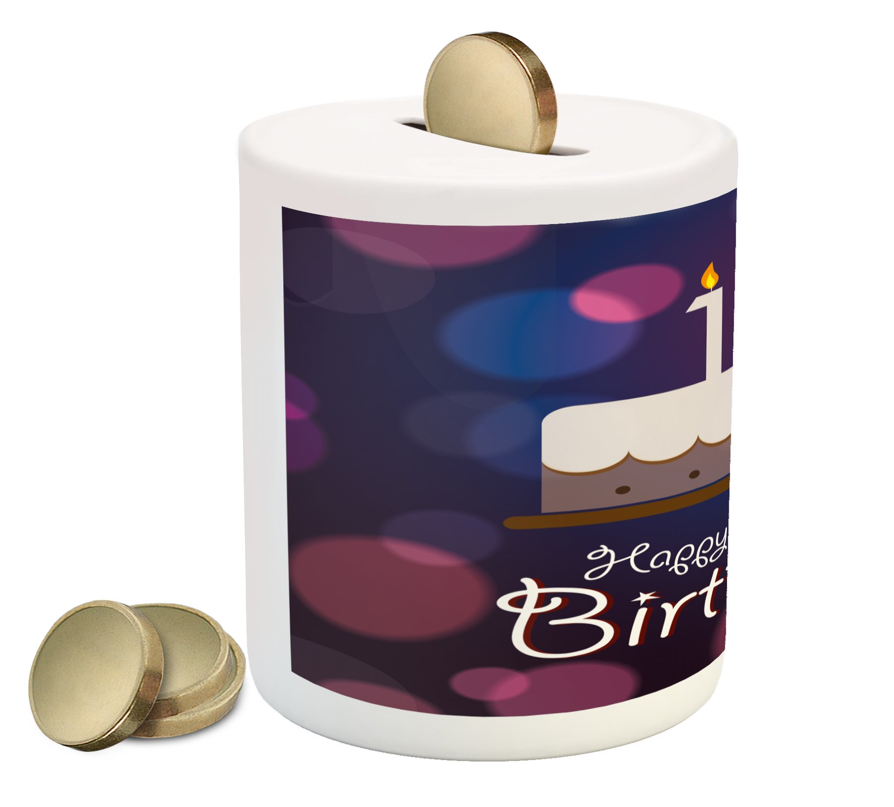 Ambesonne 17th Birthday Piggy Bank - Abstract Style Cake Design Ceramic Coin Bank for Cash Saving (Lilac Purple & Pink) | Perfect Gift for Sweet 16, 17th Birthday Party & Money Saving Goals
