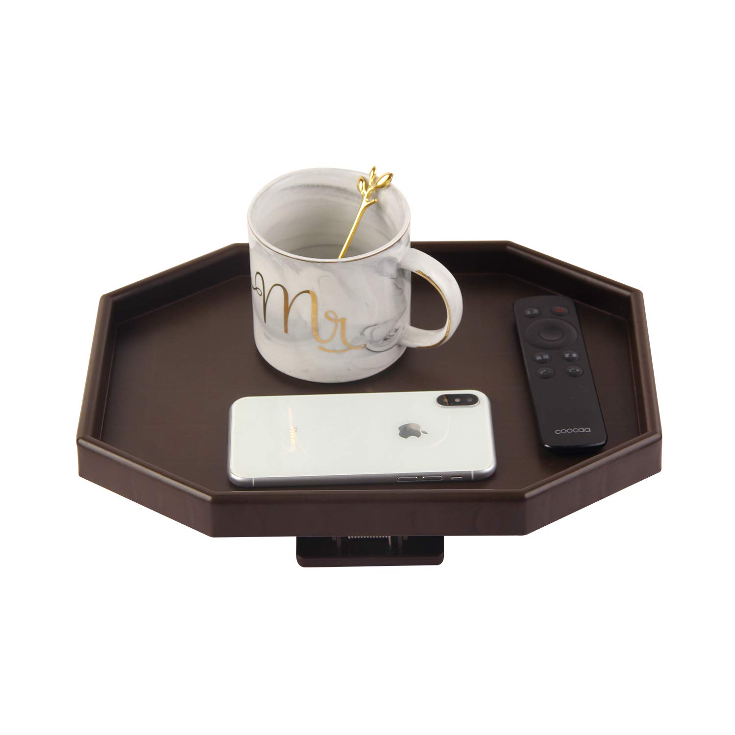 Foldable Plastic Clip-On Armrest Tray Table - Sofa Couch Snack & Drink Holder for Remote Control, Books, and Laptops - Perfect for Living Room, Bedroom, or Office Use (Brown)