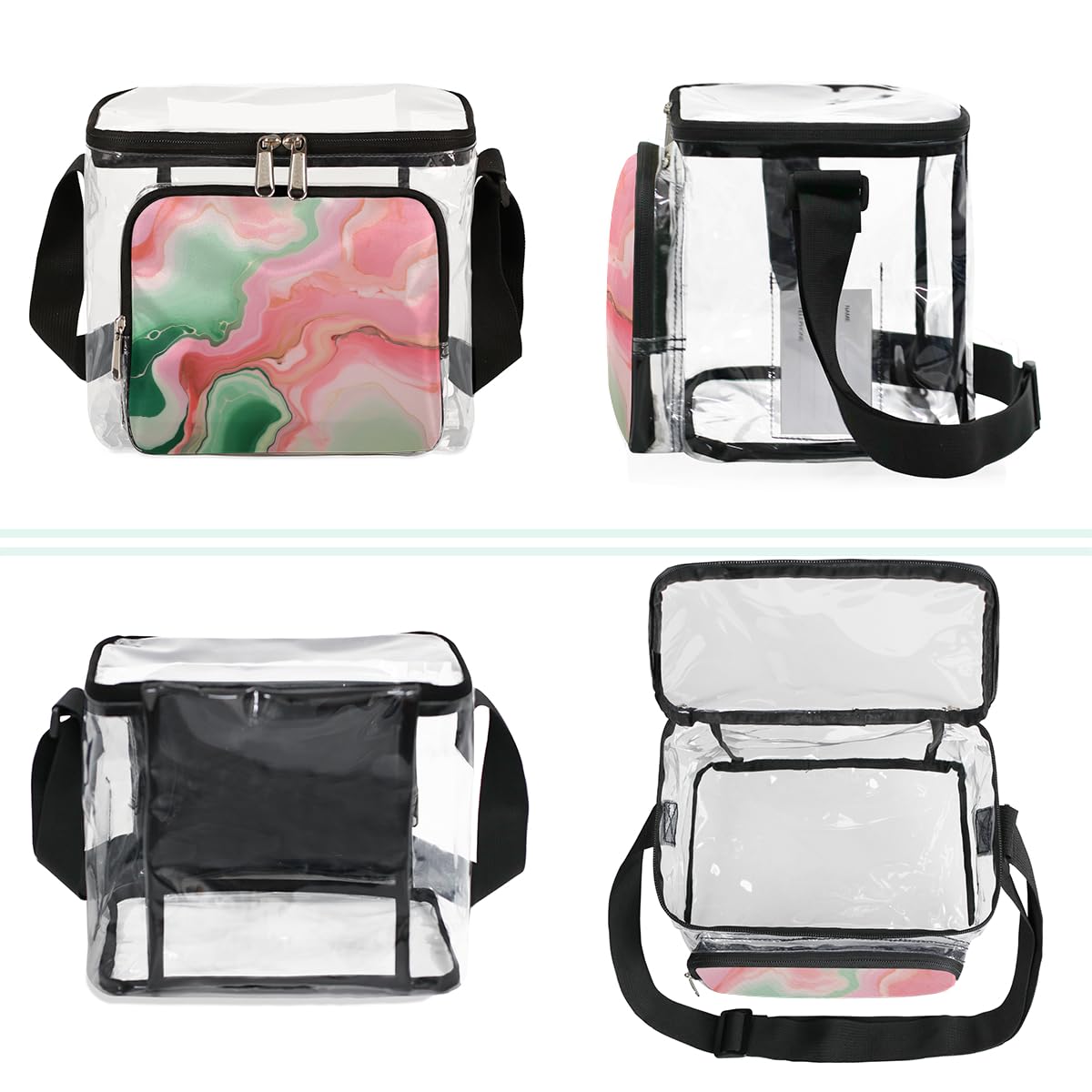 Abstract Ink Paint Clear Tote Bag with Handles - Pink & Green Liquid Texture Transparent Crossbody Shoulder Bag for Women | Perfect for Lunch, Outdoor Travel, Picnic, Concerts & Sports Events (Stadium Approved)