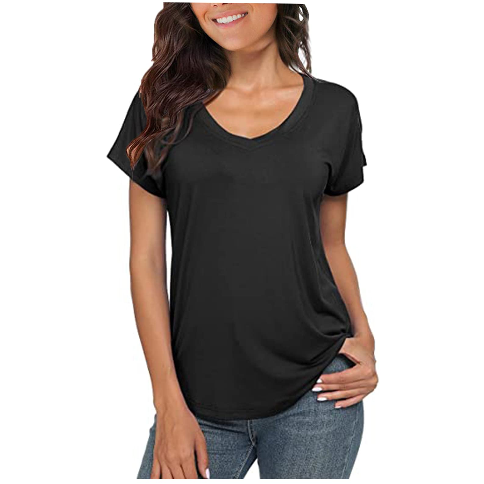 FMCHICO Women's Summer V-Neck Short Sleeve T-Shirts - Relaxed Fit Casual Tee for Outdoor Activities, Travel & Everyday Wear