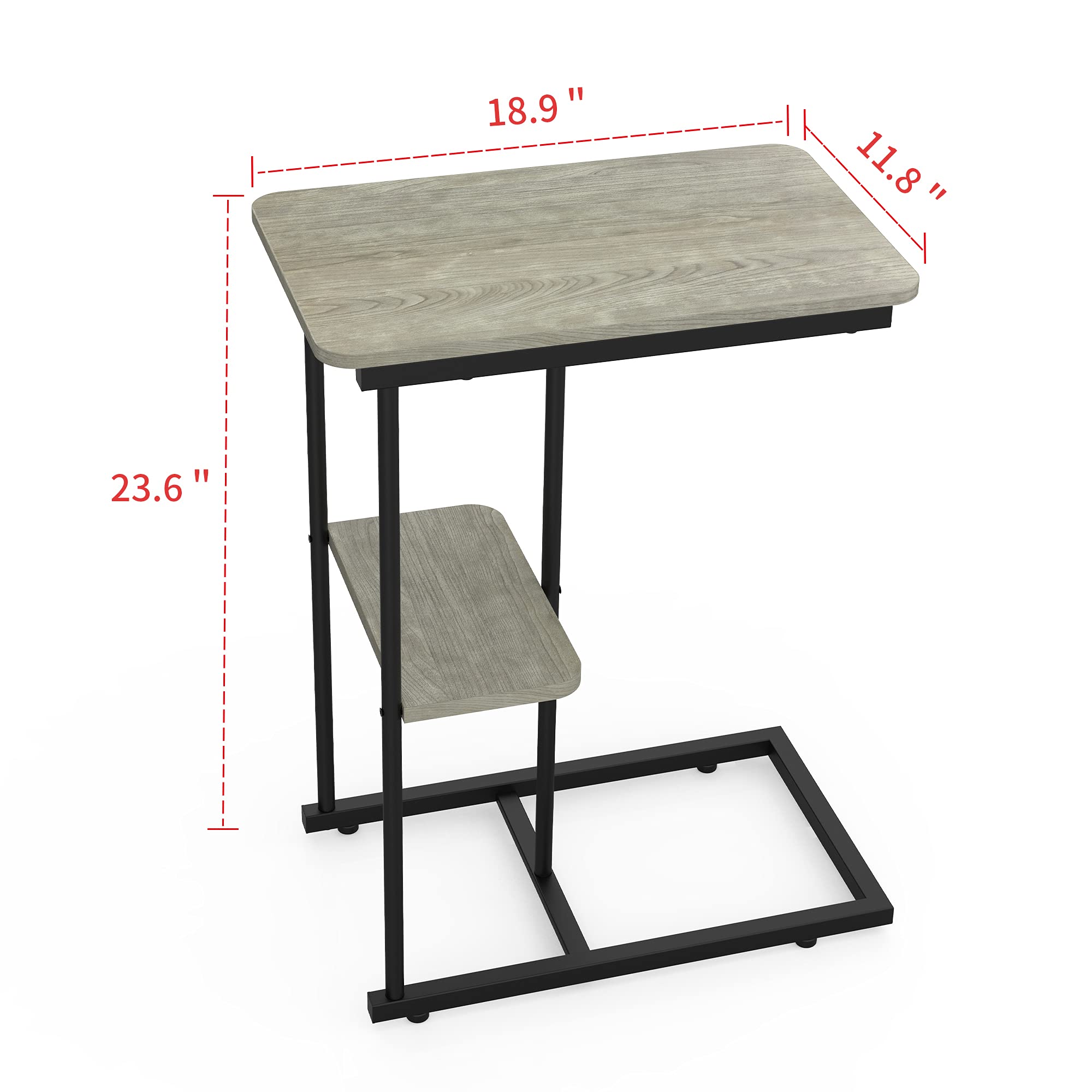 Modern Rectangular C-Shaped Side Table with Storage Basket - Portable Metal End Table for Sofa, Bed & Lounge - Grey Laptop Holder & Snack Table for Living Room, Bedroom & Office Use