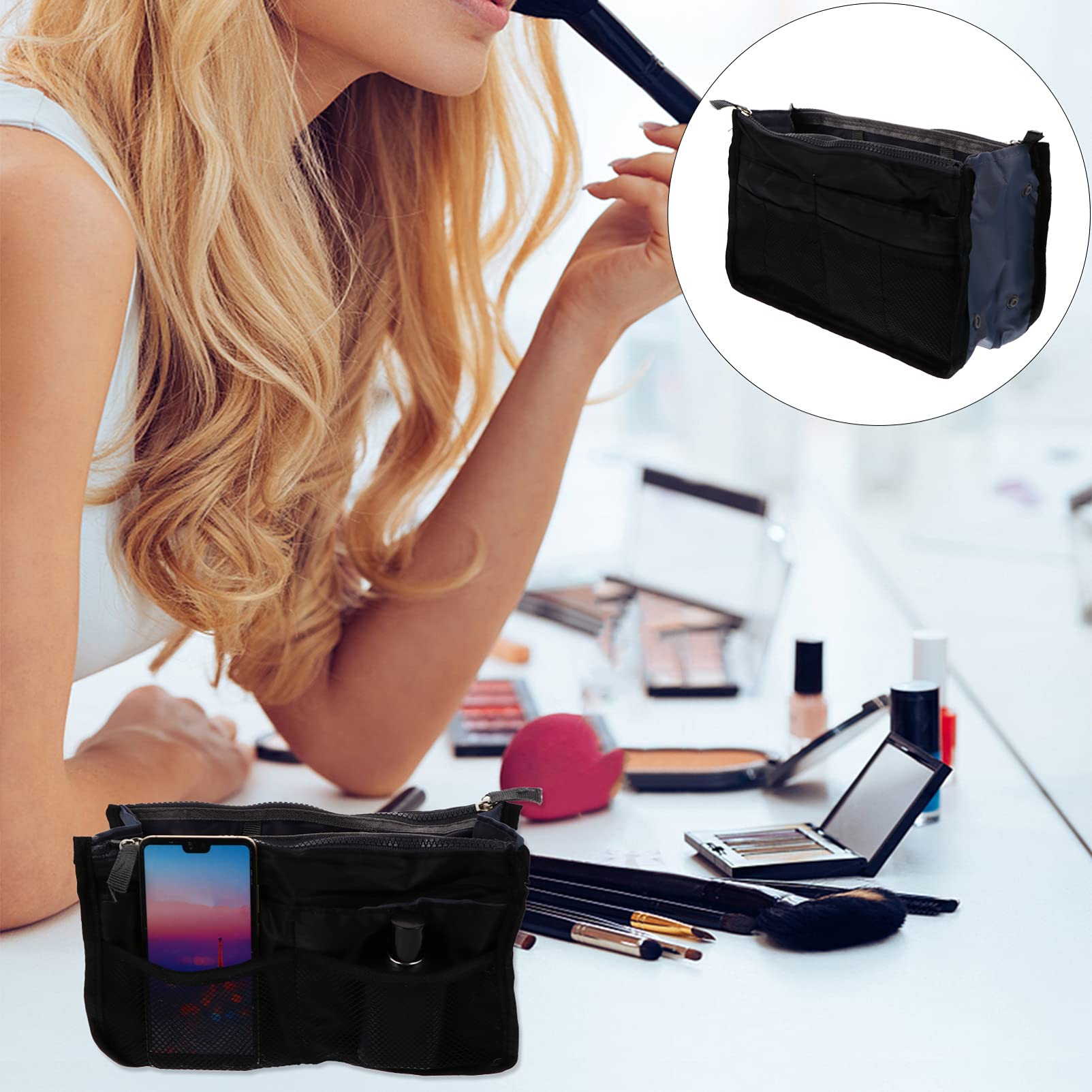 Cabilock 1-Piece Nylon Handbag Organizer - Multi-Layer Travel Storage Bag for Makeup & Cosmetics | Stylish Portable Clutch Liner for Purse Organization, Perfect for Travel, Work & Daily Use