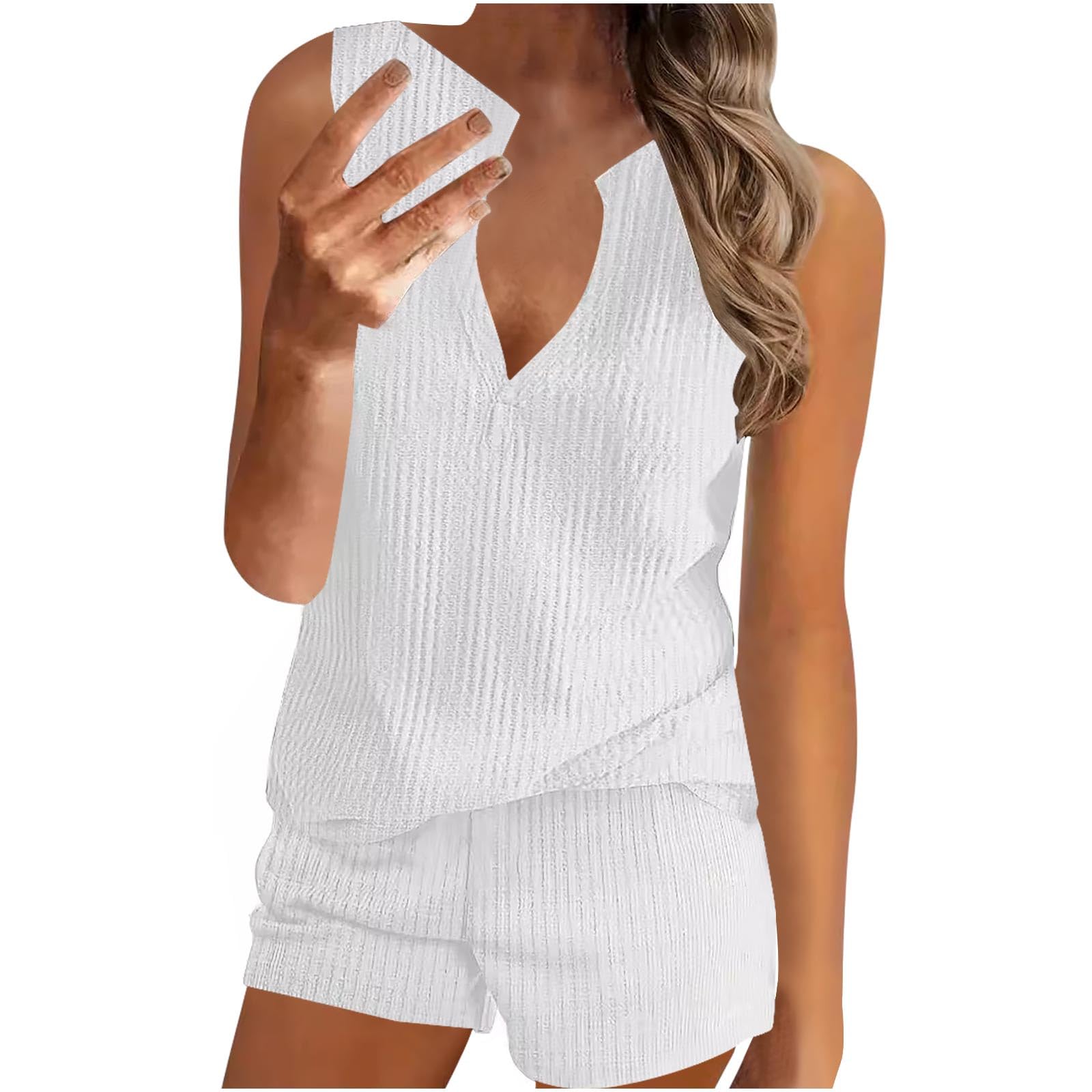 Feancey Women's Summer 2-Piece Outfit - Waffle Knit Tank Top & Shorts Lounge Set | Trendy Casual Matching Tracksuit | Perfect for Beach, Vacation & Relaxing at Home