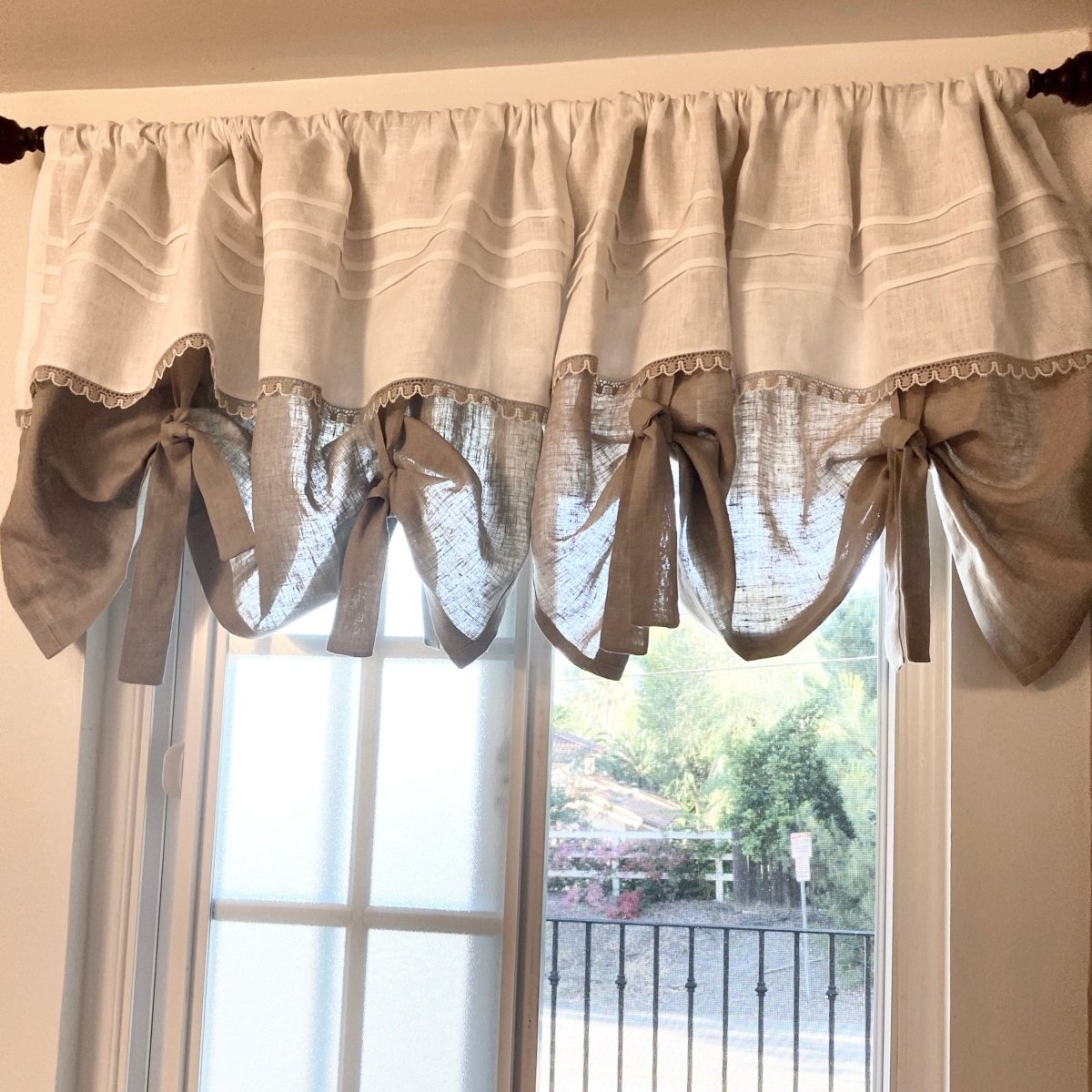 Poulton Natural Linen Lace Tie-Up Curtains - Light Filtering Sheer Window Drapes for Living Room, Bedroom & Nursery - Elegant Home Decor