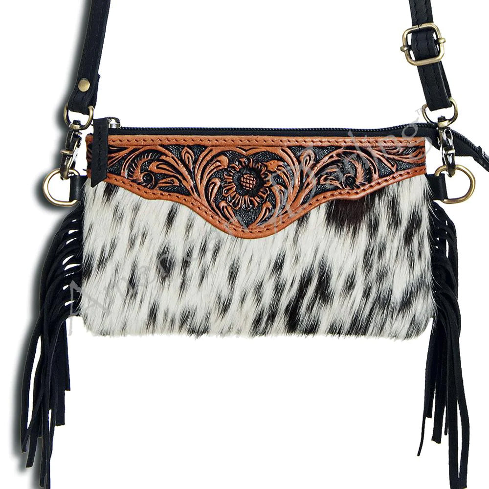 American Darling Fringe Tooled Leather Clutch - Handmade Cowhide Women's Evening Bag for Parties, Weddings & Date Nights