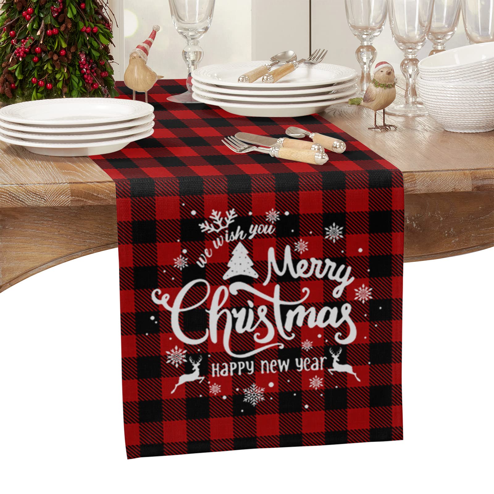 Christmas Cotton Linen Table Runner - 13x70 Inch Holiday Dining Table Decor with Snowflake & Reindeer Patterns, Buffalo Plaid Farmhouse Kitchen Tablecloth for Christmas Party, Winter Dinner, and Home Decoration