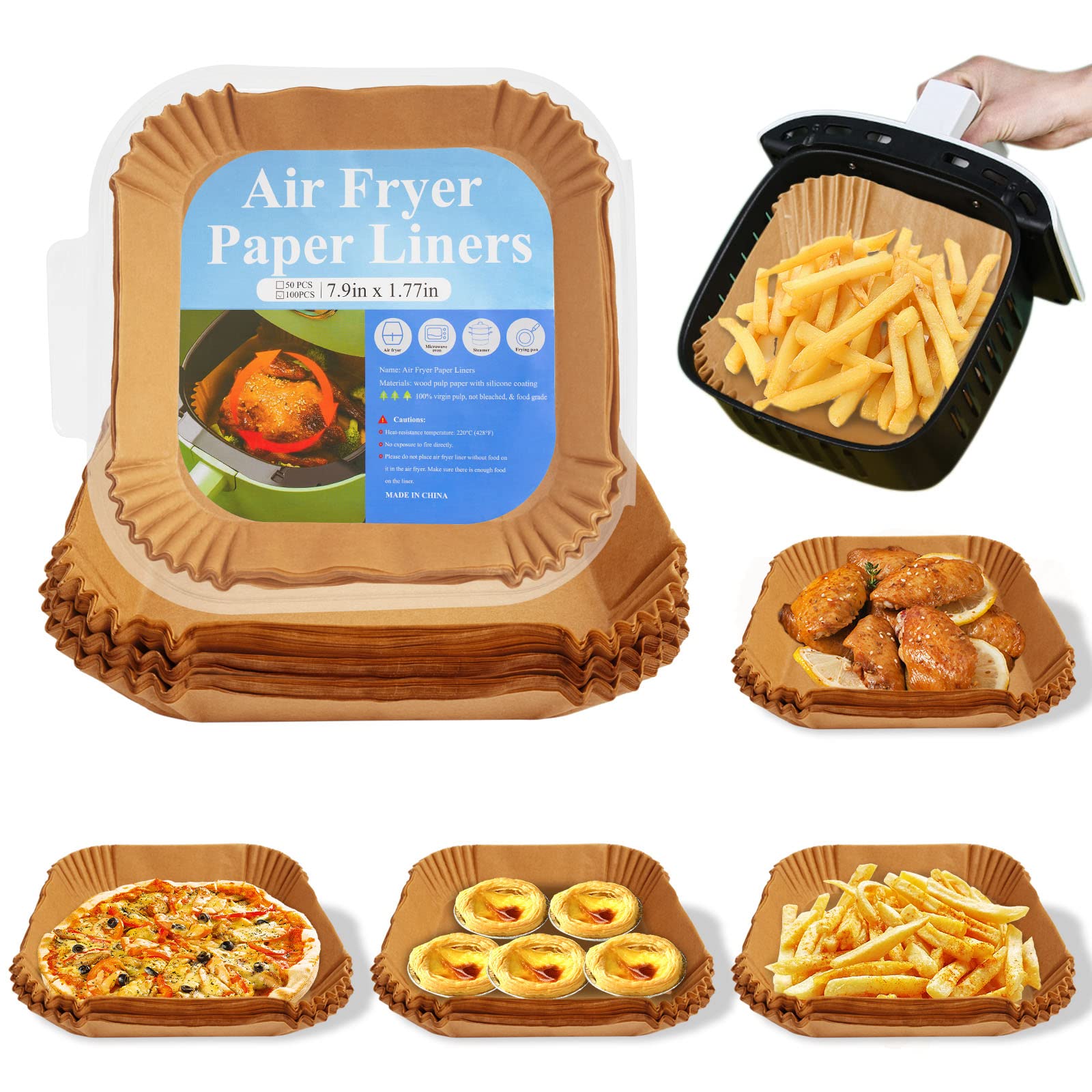 100-Count 7.9 Inch Air Fryer Square Parchment Liners - Disposable Non-Stick Oil-Resistant Baking Paper for Microwaves, Air Fryers & Frying Pans | Perfect for Healthy Cooking, Meal Prep & Easy Cleanup | Fits Most Air Fryer Baskets & Cooking Appliances