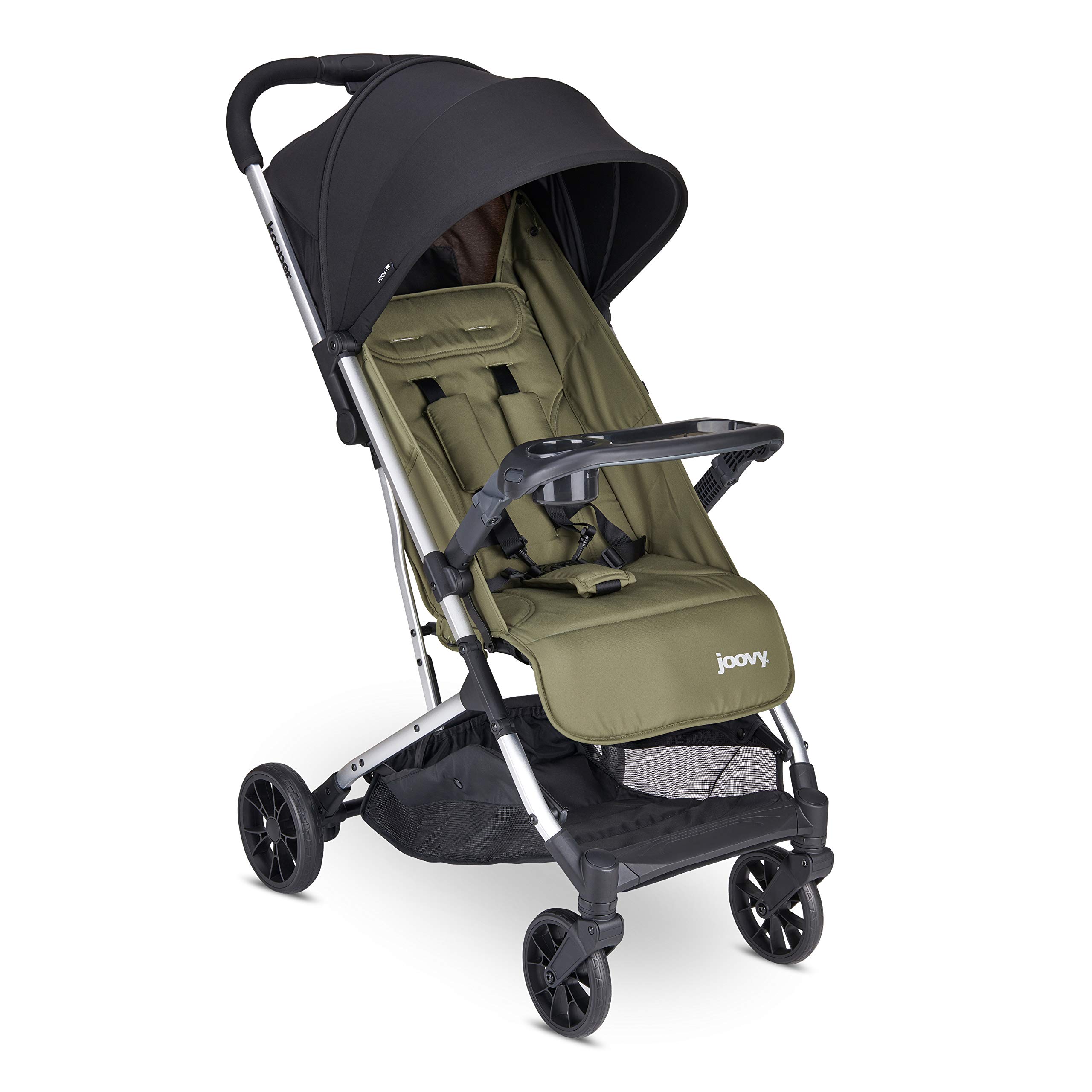 Joovy Kooper Lightweight Baby Stroller - Removable Swing-Open Tray, Big Wheels, Reclining Seat with Footrest, Extra-Large Canopy | Compact Fold for Travel & Daily Use | Perfect for Newborns to Toddlers (Olive Green)