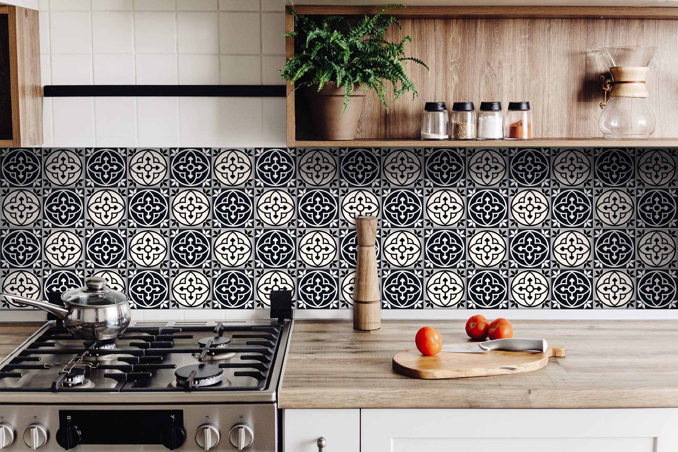 Mi Alma Black and White Peel and Stick Tile Stickers - 24 PC Set of 6x6 Inch Vinyl Wall Decals for Kitchen Backsplash & Bathroom Decor - Easy DIY Home Renovation (Stars Design) - Perfect for Renters, Apartments, and Quick Home Makeovers