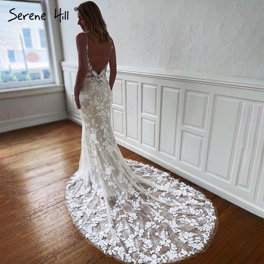 Serene Hill Ivory Spaghetti Strap Mermaid Wedding Dress 2025 | Lace Backless Sexy Bridal Gown LA70431 | Perfect for Beach Weddings, Vow Renewals & Romantic Photoshoots