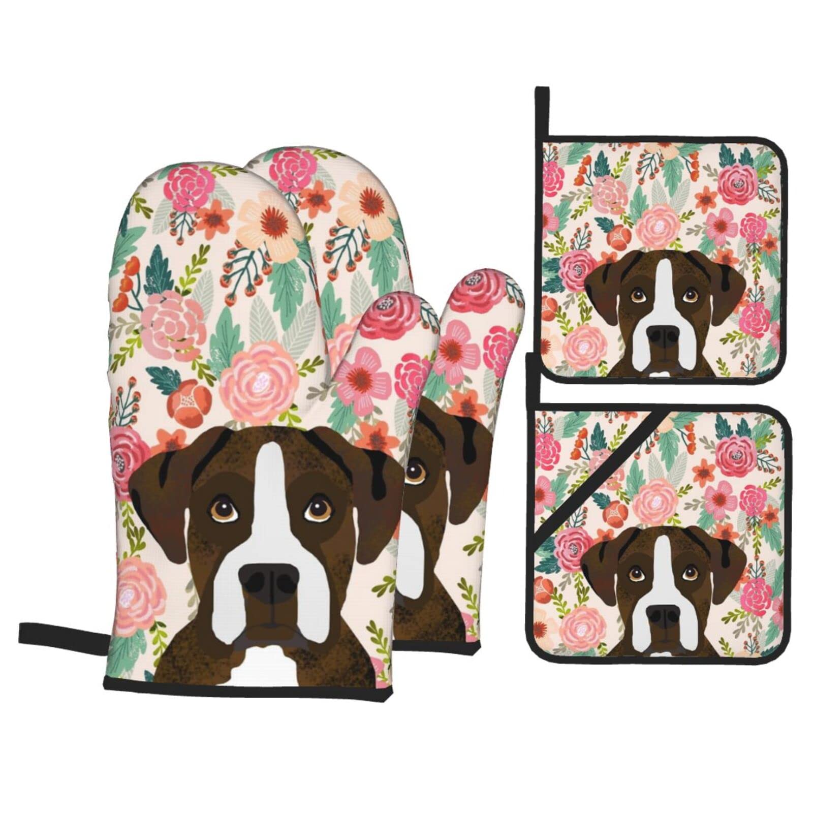Floral Dog Oven Mitts and Pot Holders Set - 4-Piece Non-Slip Heat Resistant Kitchen Gloves for Cooking, Baking, Grilling & BBQ - Perfect for Holiday Gifts and Home Decor