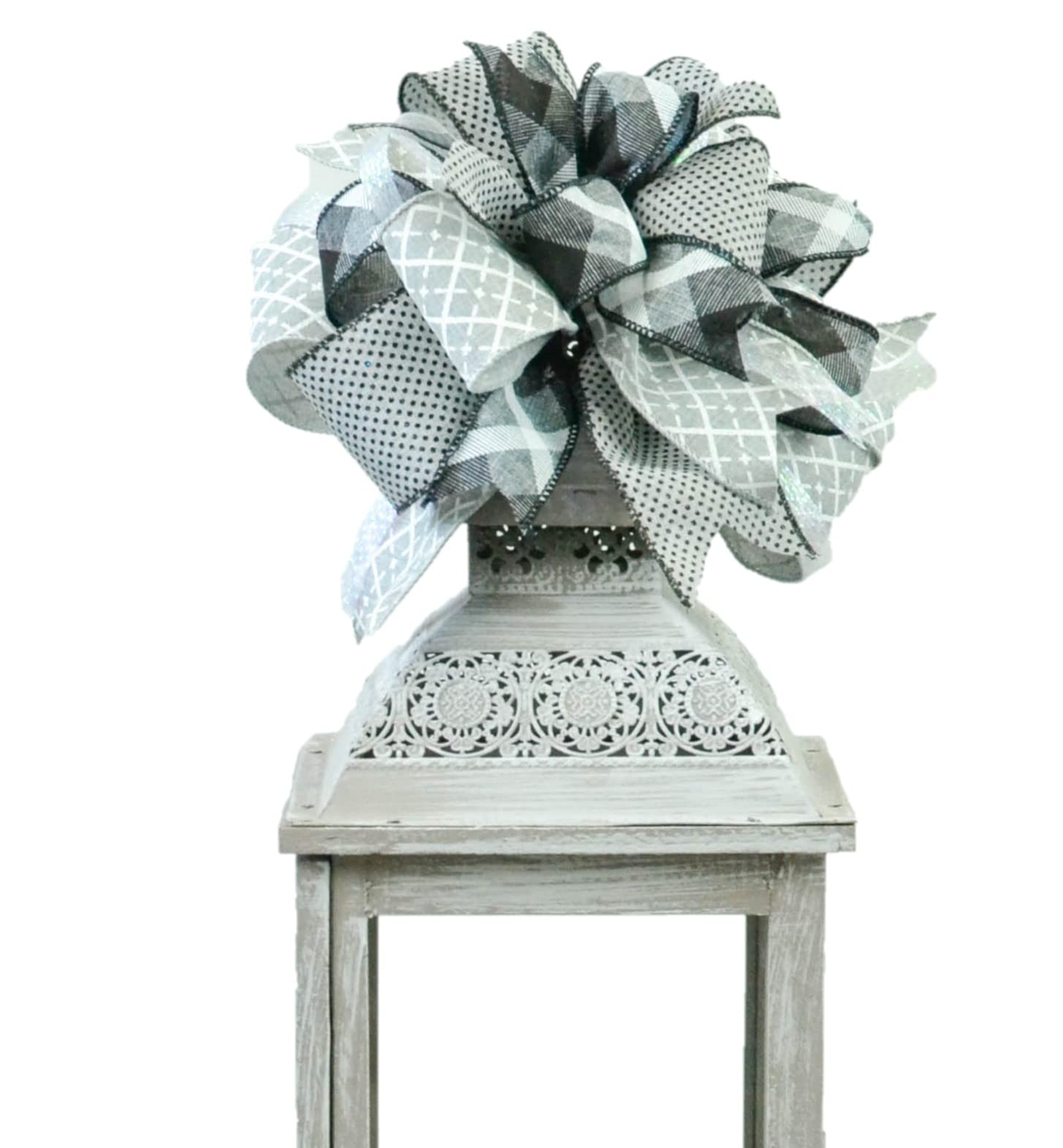 Farmhouse Burlap Lantern Wreath Bow - Handmade Layered Decorative Embellishment for DIY Wreaths (Set of 10, Grey/Black) - Perfect for Front Door Decor, Seasonal Wreath Making, and Rustic Home Decor