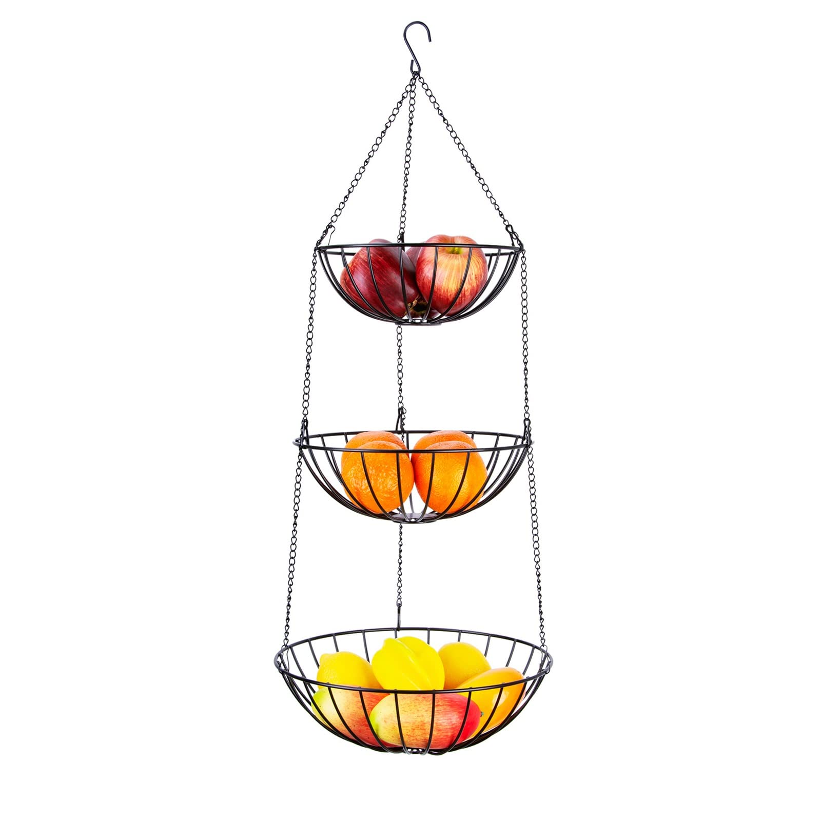 3-Tier Heavy Duty Metal Hanging Fruit Basket - Large 80cm Wire Organizer for Fruits, Vegetables & Groceries - Space-Saving Kitchen & Bathroom Storage Solution (Black) - Perfect for Small Spaces, Pantry Organization & Fresh Produce Display