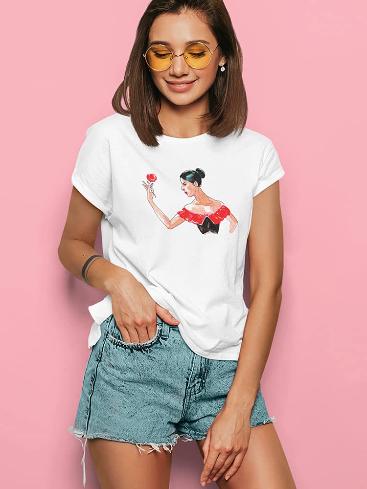 Smartprints Women's Flamenco Dancer with Red Rose Graphic T-Shirt - Casual Fashion Tee for Dance Lovers & Spanish Culture Enthusiasts