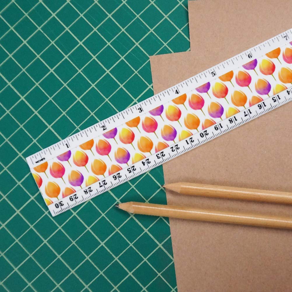 12 Inch Watercolor Tulip Plastic Ruler with Standard & Metric Measurements - Perfect for School, Office, and Art Projects