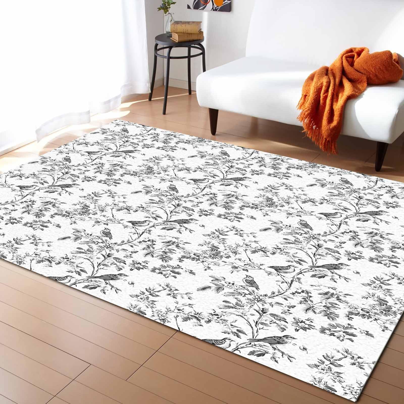5'x8' Black Botanical Non-Slip Indoor Area Rug with Watercolor Birds - Summer Spring Kitchen Runner, Bathroom Mat for Bedroom, Living Room & Kids Room | Perfect for Home Decor, Cozy Spaces & High-Traffic Areas