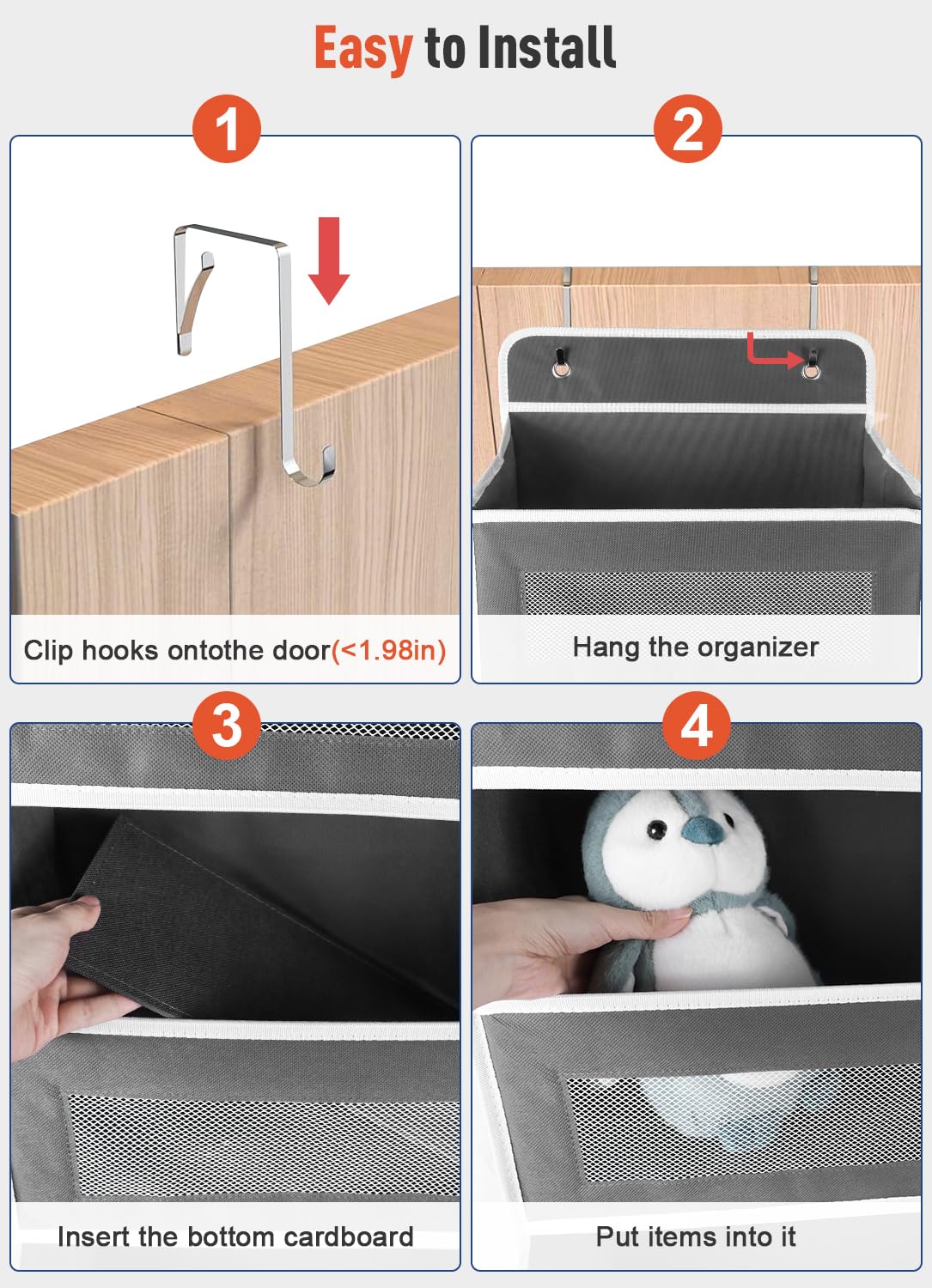 Over The Door Organizer Storage - 5-Shelf Hanging Door Organizer with 10 Large Pockets, Holds 48 lbs, Anti-Tilt Design for Bedroom, Bathroom & Pantry (Dark Gray, 2-Pack) - Perfect for Organizing Shoes, Toys, Towels & Cleaning Supplies