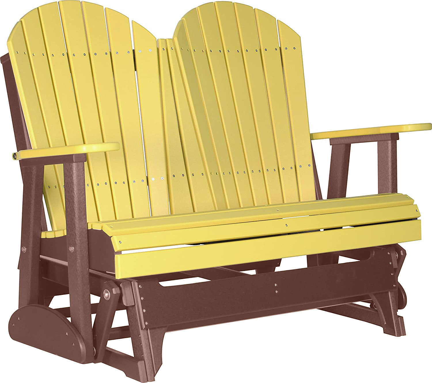 LuxCraft 4 ft. Yellow Recycled Plastic Adirondack Outdoor Glider Chair with Cup Holder - Perfect for Patio, Garden, Poolside & Backyard Relaxation
