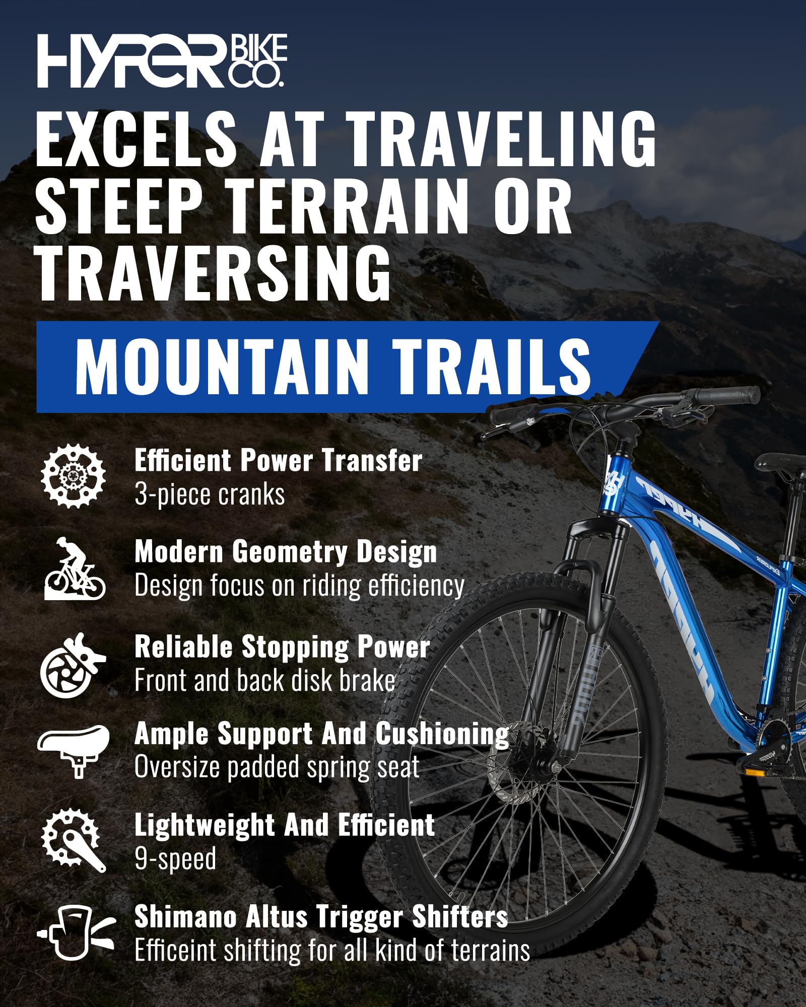 **29 Inch Hyper Mountain Bike for Men & Women - Lightweight Aluminum Hardtail Frame, Shimano 9-Speed Shifters - Perfect for Trail Riding & Outdoor Adventures (Blue)**