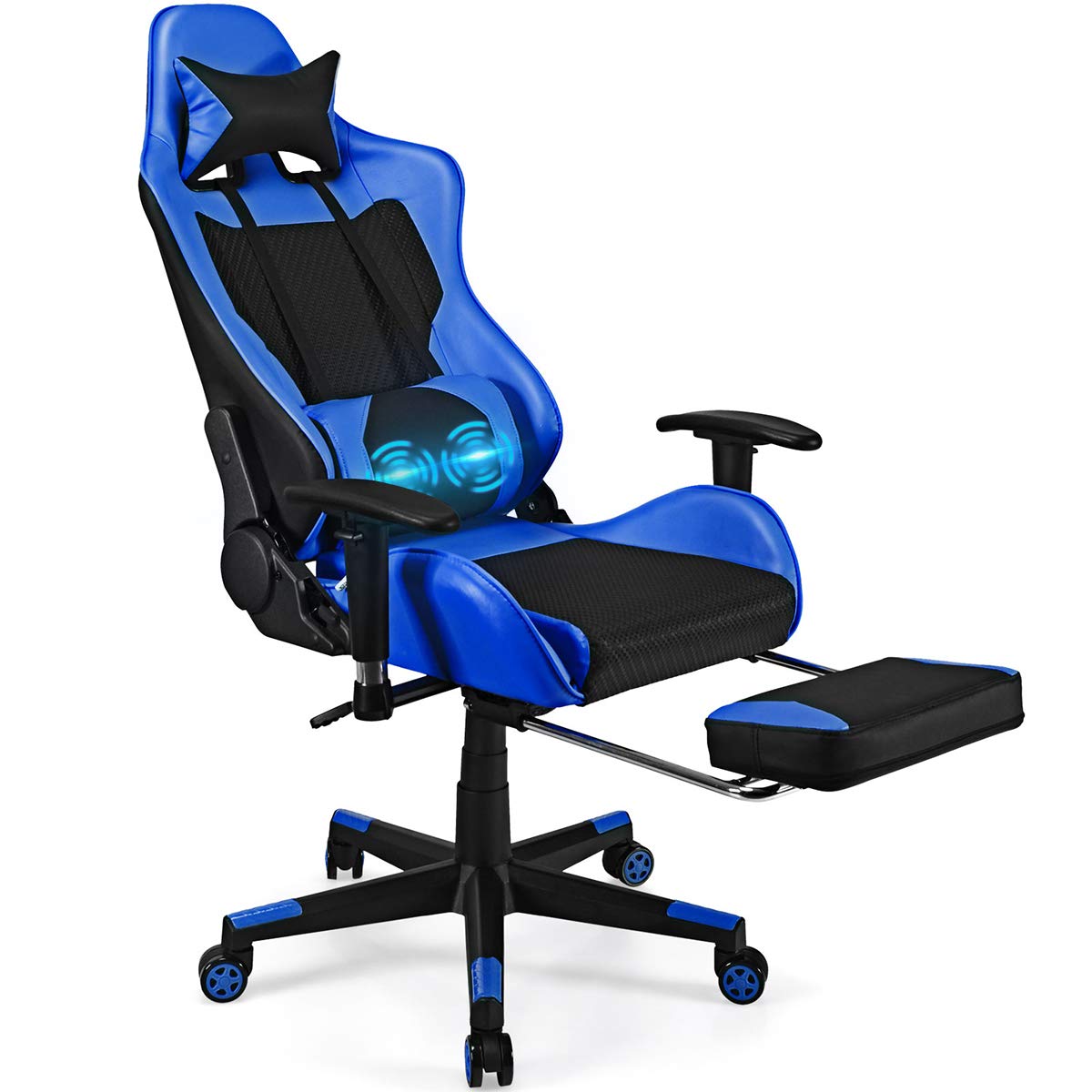 POWERSTONE Ergonomic Gaming Chair with Footrest - High Back Massage Leather Recliner Swivel Chair for Women, Racing & Esports (Blue) | Perfect for PC Gaming, Office Work & Home Theater Relaxation